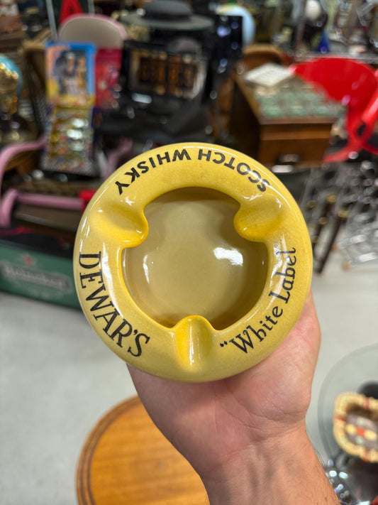 Vintage Dewars White Label Ashtray, Yellow Ceramic Scotch Whisky Advertising Barware, Mid Century Pub Decor, Tobacco Collectible