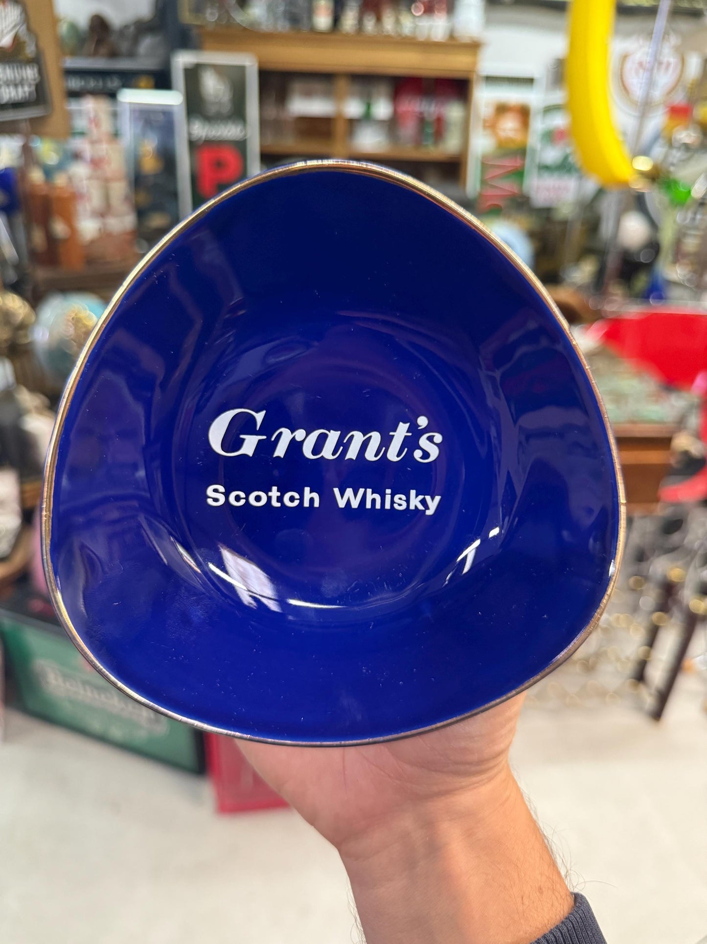 Vintage Grants Scotch Whisky Glass Bowl, Blue Advertising Dish, Barware Collectible, Triangle Shape, 1980s Promo Item