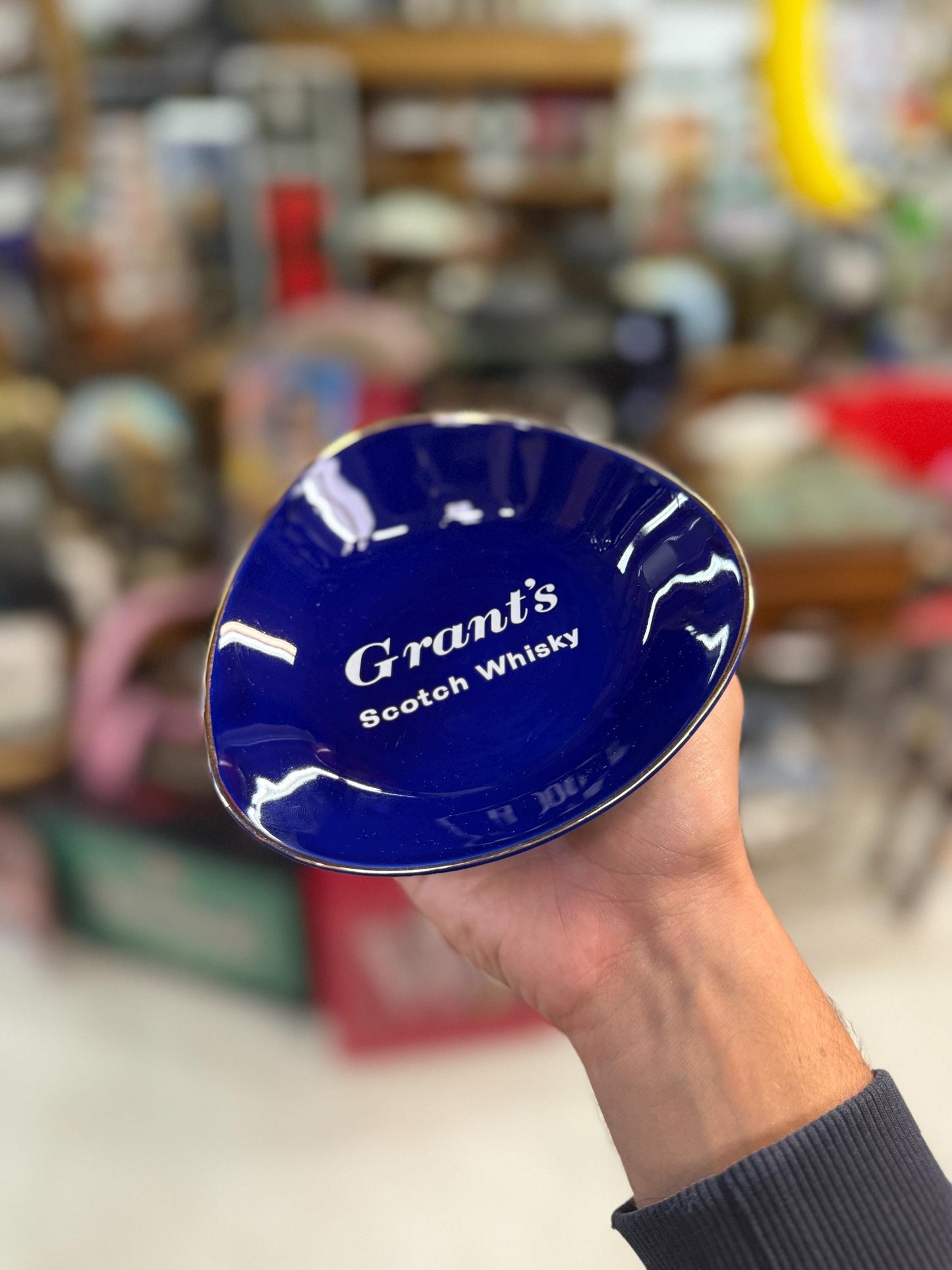 Vintage Grants Scotch Whisky Glass Bowl, Blue Advertising Dish, Barware Collectible, Triangle Shape, 1980s Promo Item