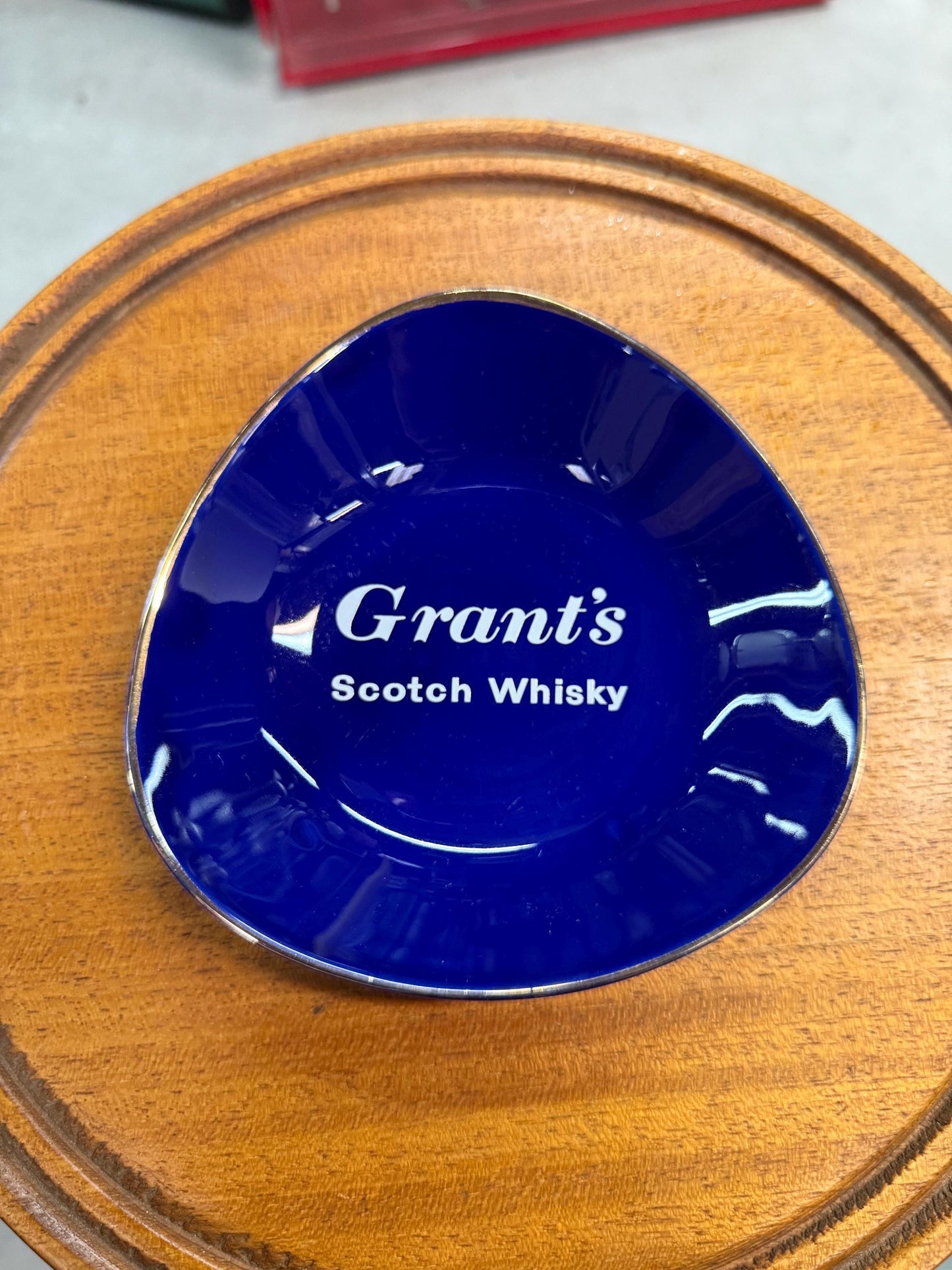 Vintage Grants Scotch Whisky Glass Bowl, Blue Advertising Dish, Barware Collectible, Triangle Shape, 1980s Promo Item