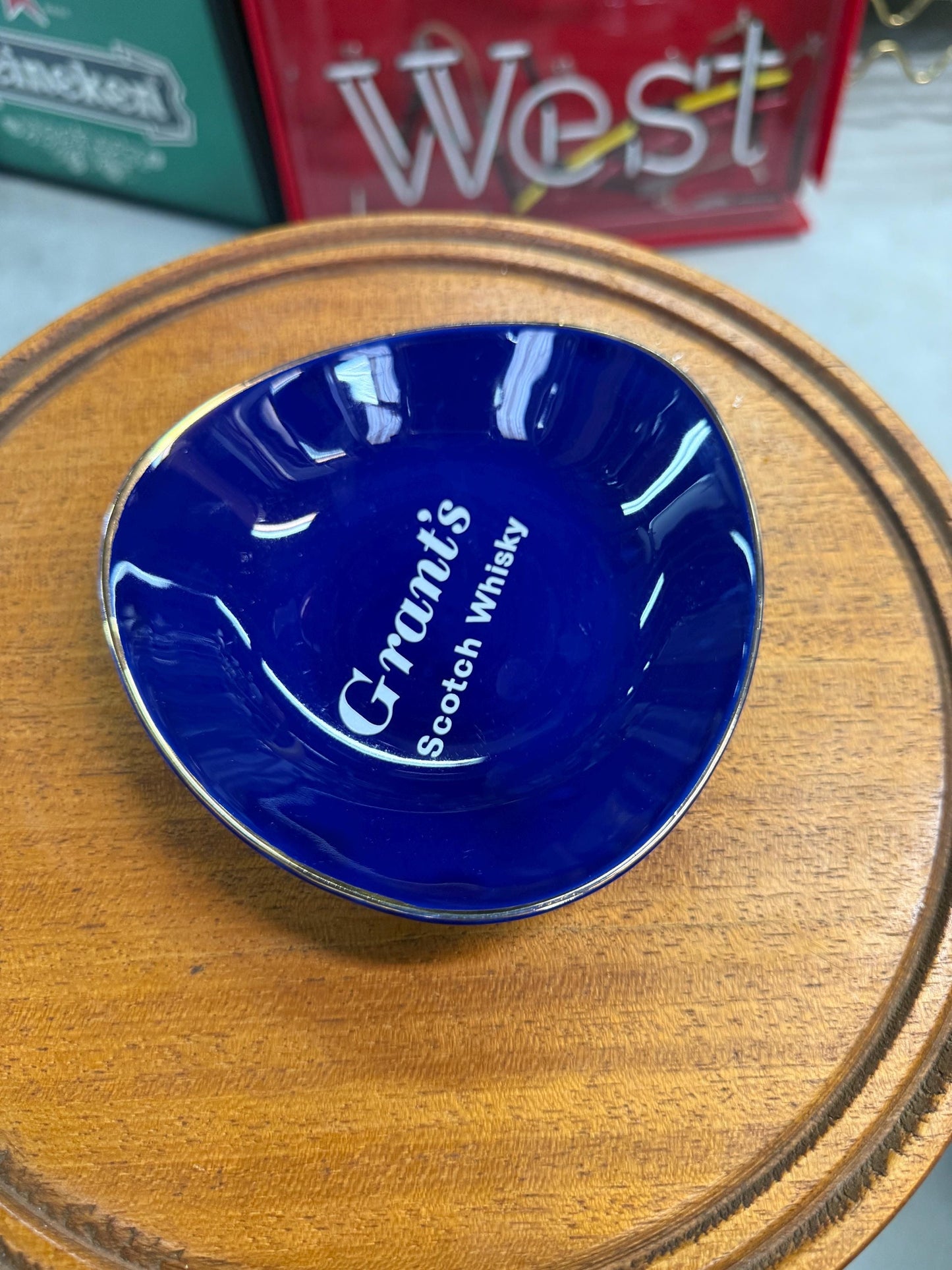 Vintage Grants Scotch Whisky Glass Bowl, Blue Advertising Dish, Barware Collectible, Triangle Shape, 1980s Promo Item