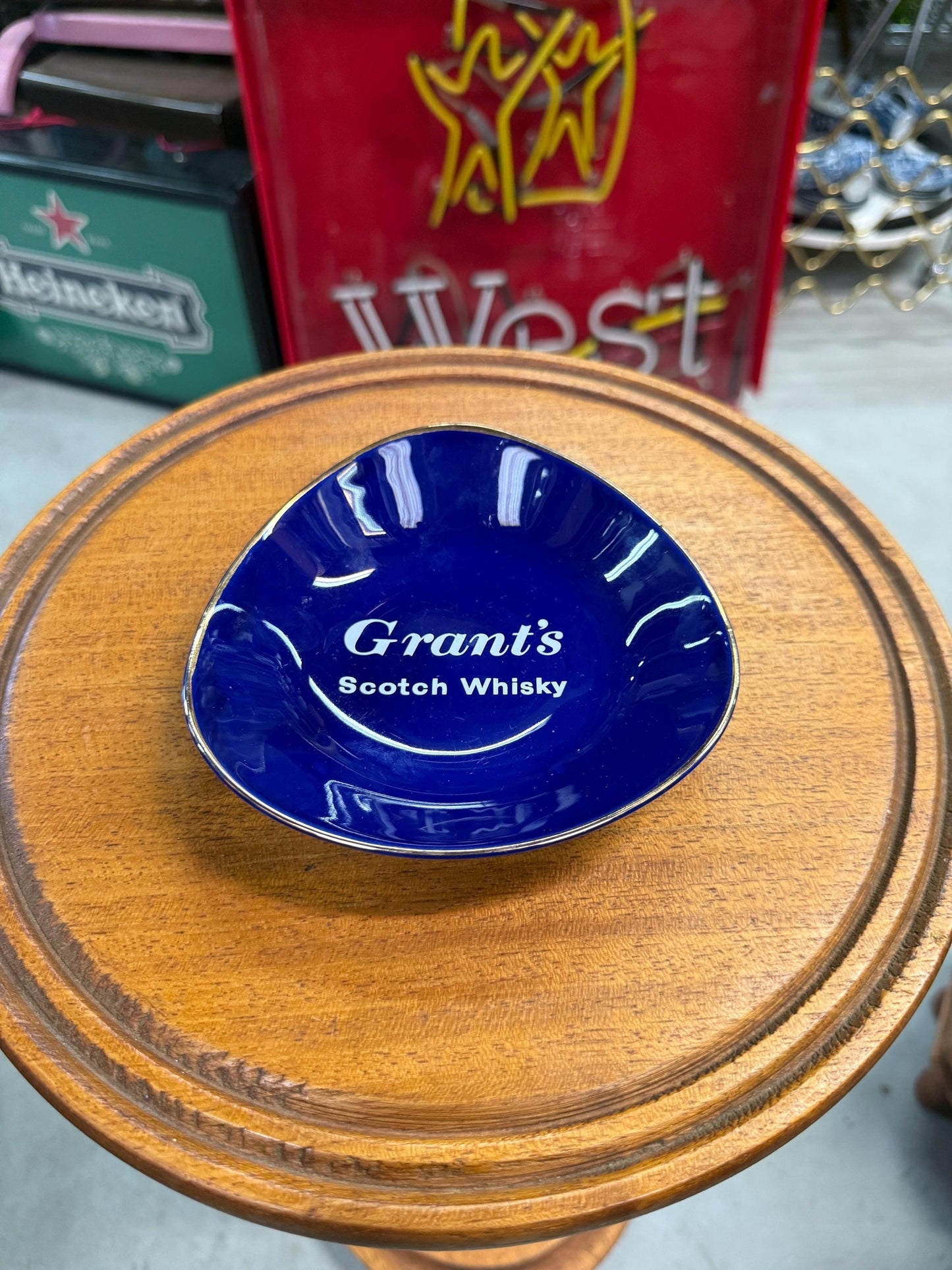 Vintage Grants Scotch Whisky Glass Bowl, Blue Advertising Dish, Barware Collectible, Triangle Shape, 1980s Promo Item