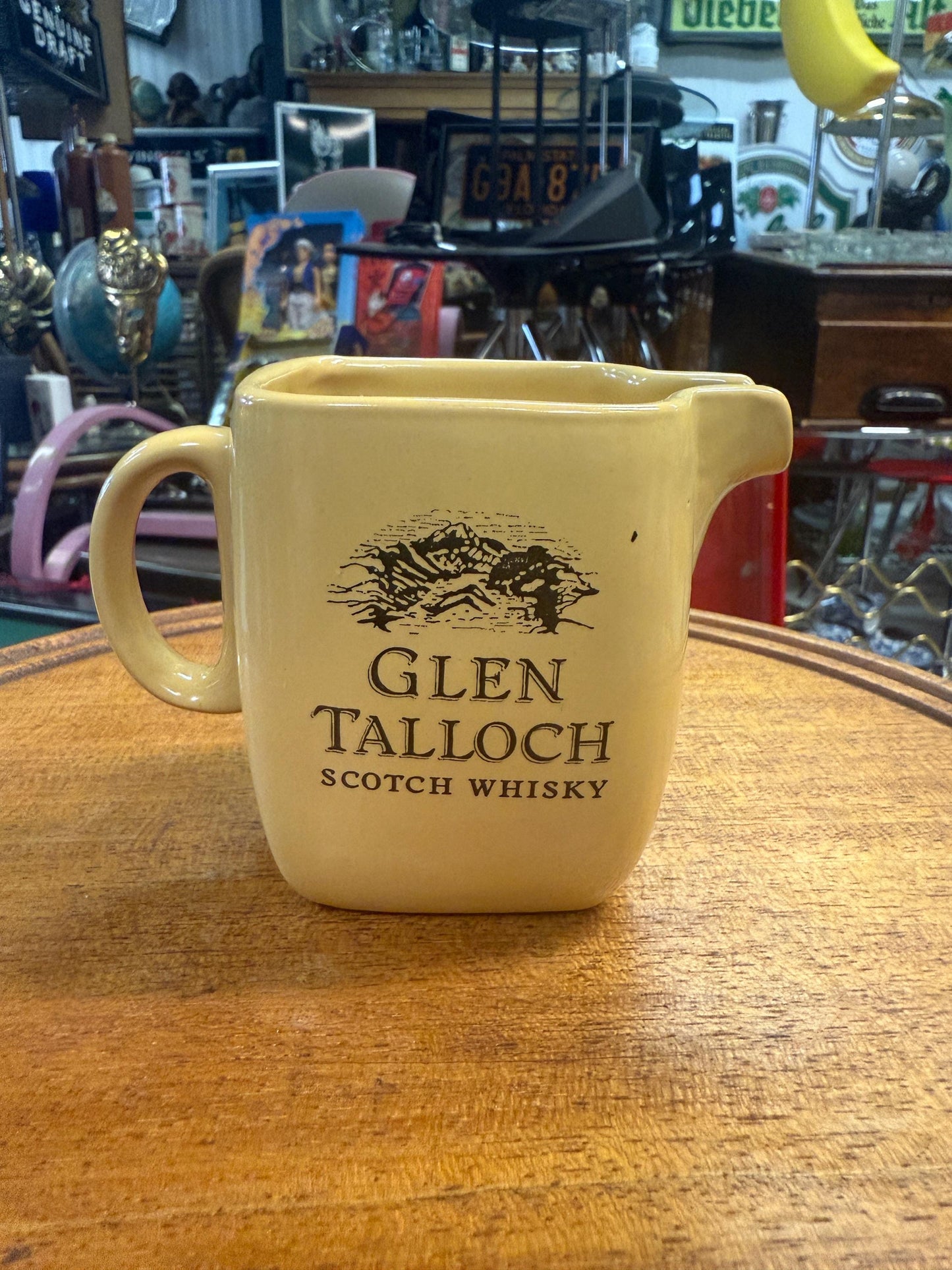 Glen Talloch whisky pitcher, small ceramic water jug, vintage barware, Scotch whisky creamer, whisky advertising jug, yellow whisky pitcher