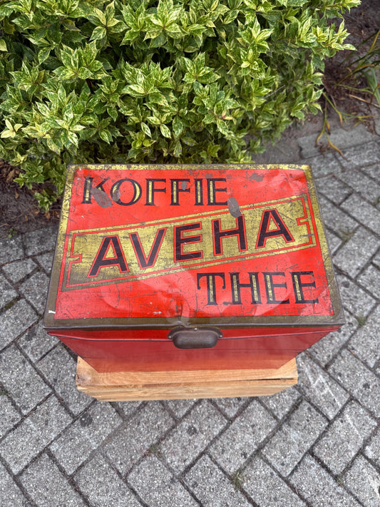 Rare Vintage Aveha Koffie & Thee Red Tin, Metal Store Display Box, Collectible Coffee Tea Storage Container, Retro Kitchen Decor