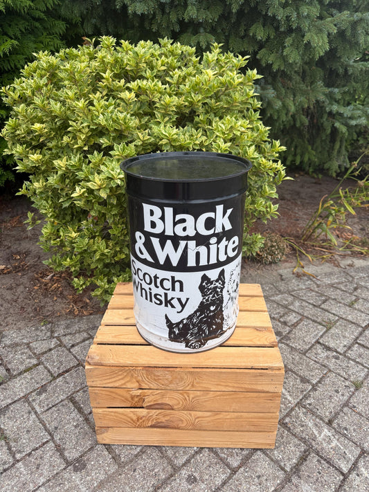 Rare Black & White Scotch Whisky Metal Barrel, Italian Made Storage Container And Stool, Collectible Bar Furniture, Vintage Liquor Display
