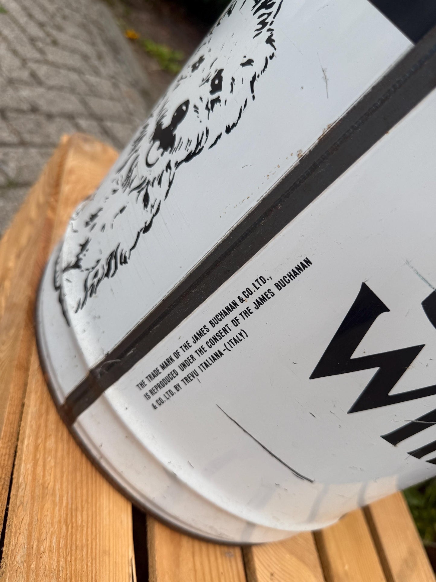 Rare Black & White Scotch Whisky Metal Barrel, Italian Made Storage Container And Stool, Collectible Bar Furniture, Vintage Liquor Display