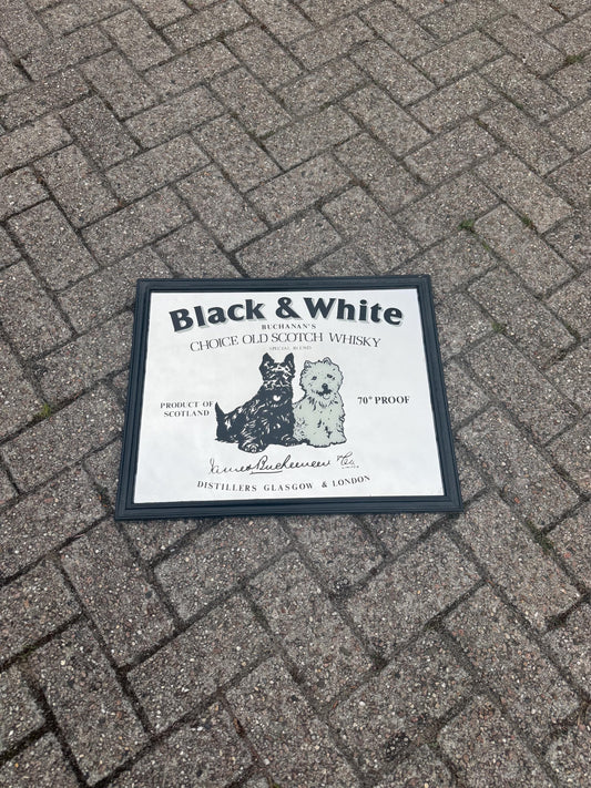 Vintage Black & White Scotch Whisky Mirror, Bar Advertising Mirror, Black Wooden Frame, Pub Decor, Vintage Whisky Barware Collectible