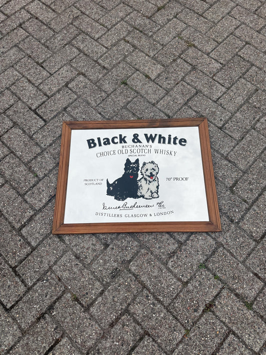 Vintage Black & White Scotch Whisky Mirror, Brown Wooden Frame Bar Advertising Mirror, Pub Decor, Vintage Whisky Barware Collectible