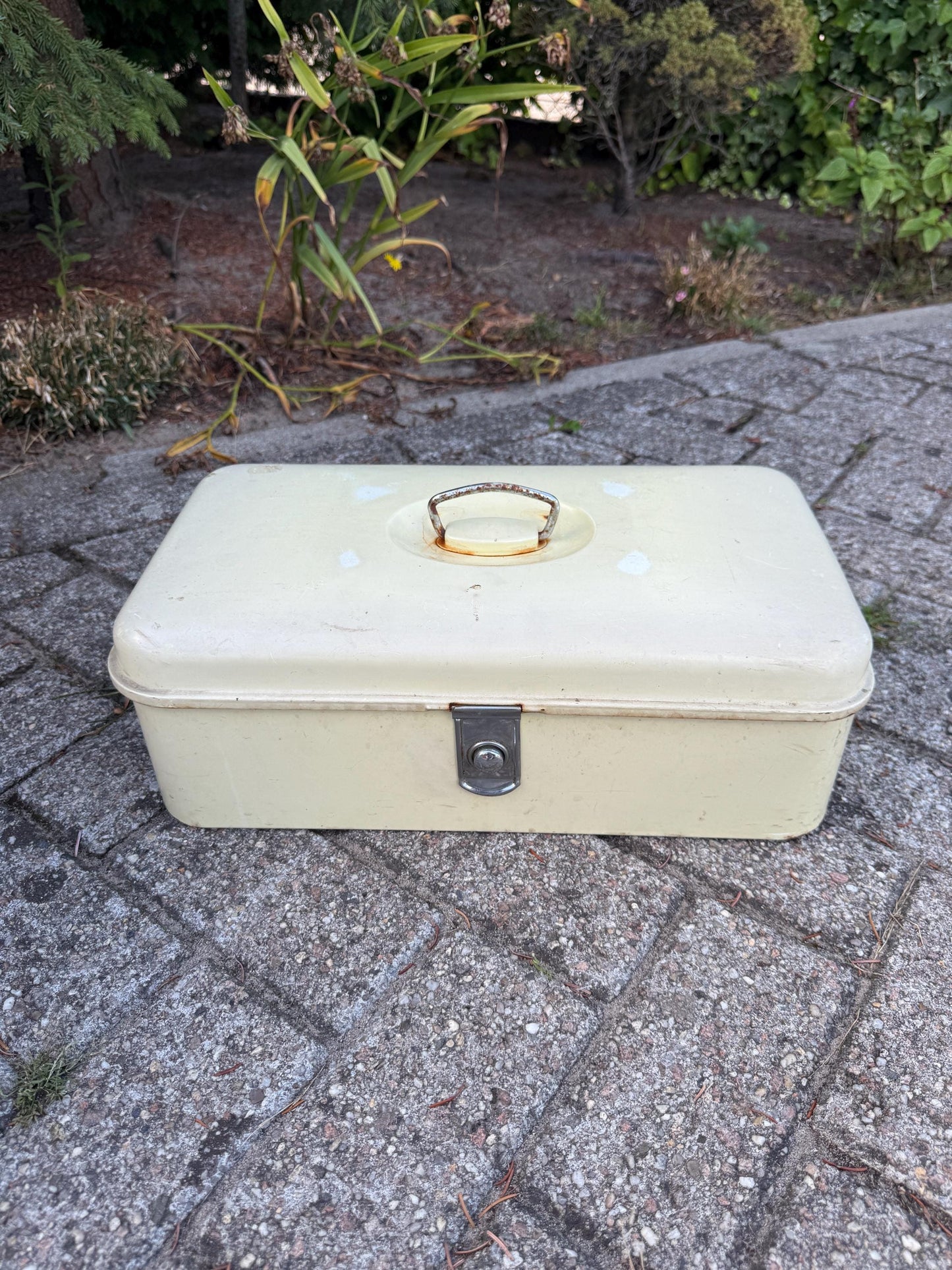 Vintage Brabantia Bread Box, White Metal Kitchen Storage With Lid And Handle, Industrial Worn Bread Bin Canister, Mid Century Container