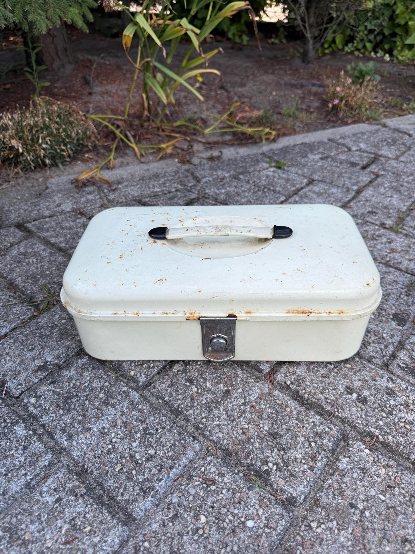 Vintage Brabantia Bread Box, White Metal Kitchen Storage With Lid And Handle, Industrial Worn Bread Bin Canister, Mid Century Container