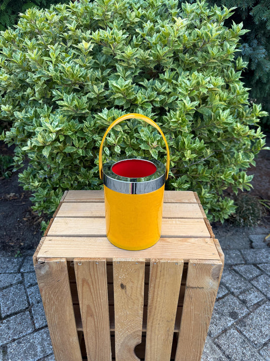 Small Vintage Yellow Ice Bucket With Handle, Red Interior Barware Container, Mid Century Drink Cooler, Retro Cocktail Party Bar Accessory