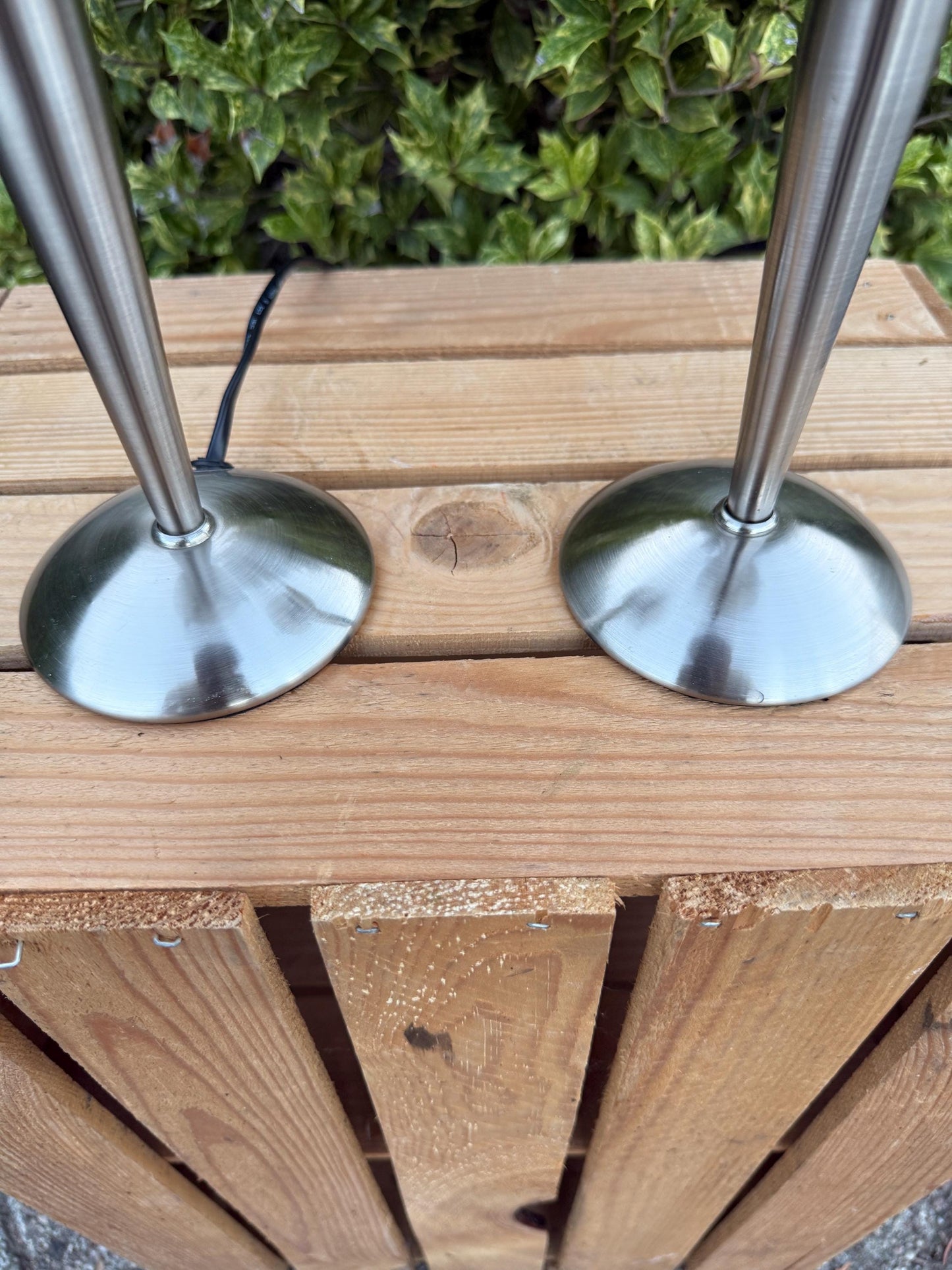 Set Of 2 Vintage Table Lamps, Space Age Design, White Glass And Chrome Lights, 1990s Minimalist Nightstand Lamps, Mid Century Modern Style