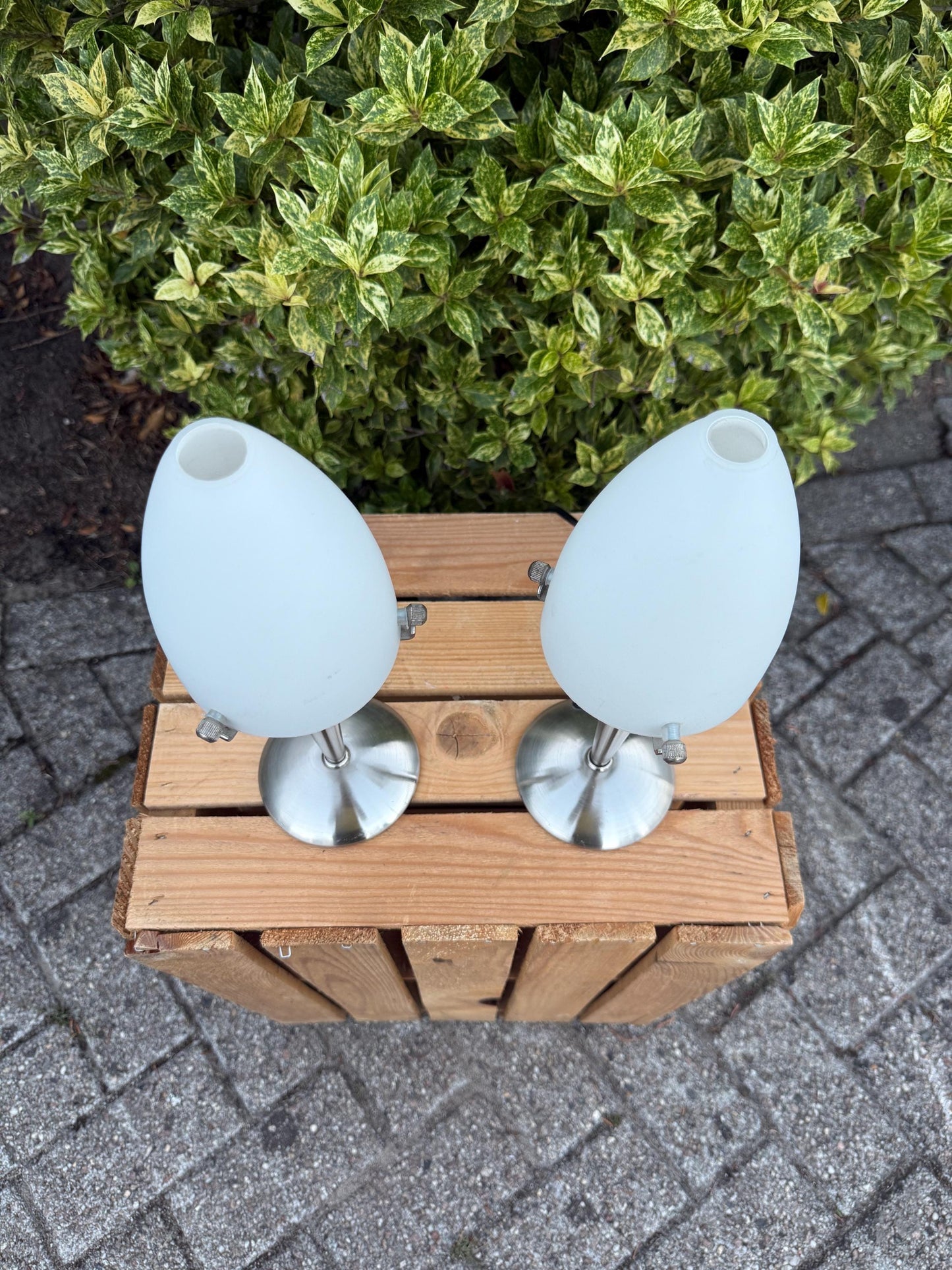 Set Of 2 Vintage Table Lamps, Space Age Design, White Glass And Chrome Lights, 1990s Minimalist Nightstand Lamps, Mid Century Modern Style