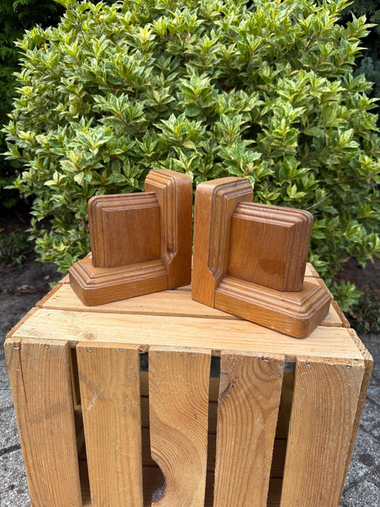 Vintage Wooden Bookends, Art Deco Style Geometric Design, Solid Wood Book Holders, Retro Home Library Decor, Collectible Shelf Accents