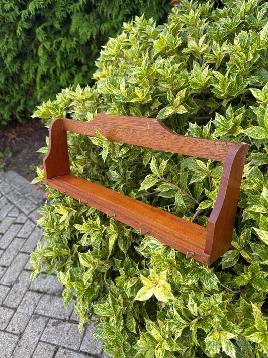 Vintage Wooden Wall Plate Rack, Single Tier Display Shelf For Small Plates, Kitchen Rack With 6 Hooks For Mugs Or Utensils