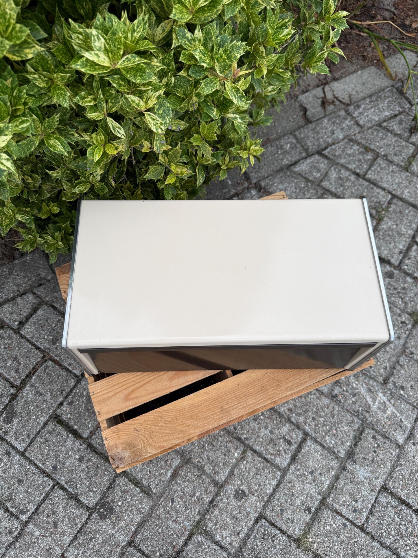 Vintage Brabantia Bread Box, Mid Century Metal Kitchen Storage, Brown And White Front Flap Breadbin, Dutch Design Food Container
