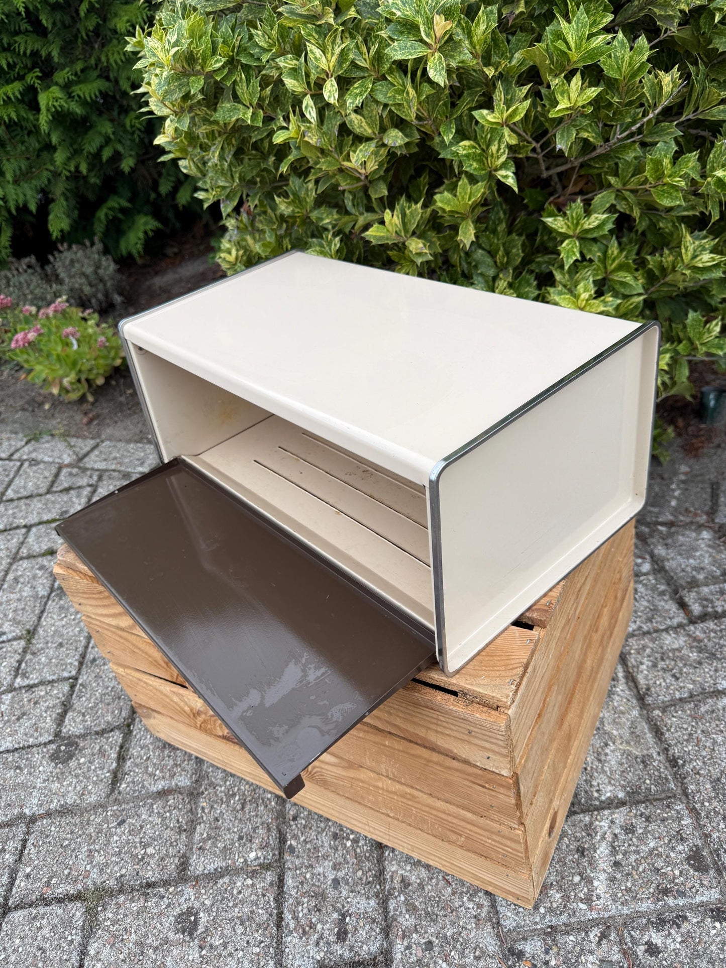 Vintage Brabantia Bread Box, Mid Century Metal Kitchen Storage, Brown And White Front Flap Breadbin, Dutch Design Food Container