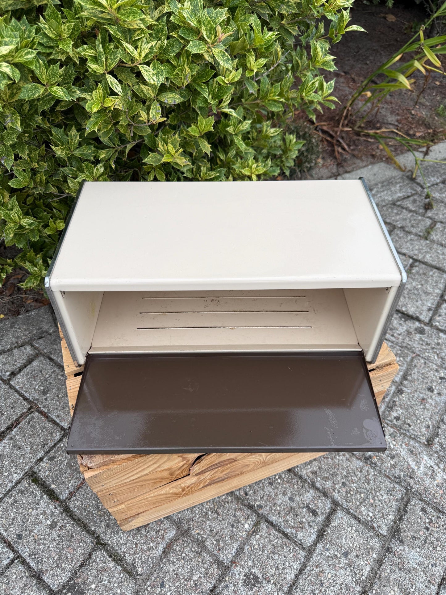 Vintage Brabantia Bread Box, Mid Century Metal Kitchen Storage, Brown And White Front Flap Breadbin, Dutch Design Food Container