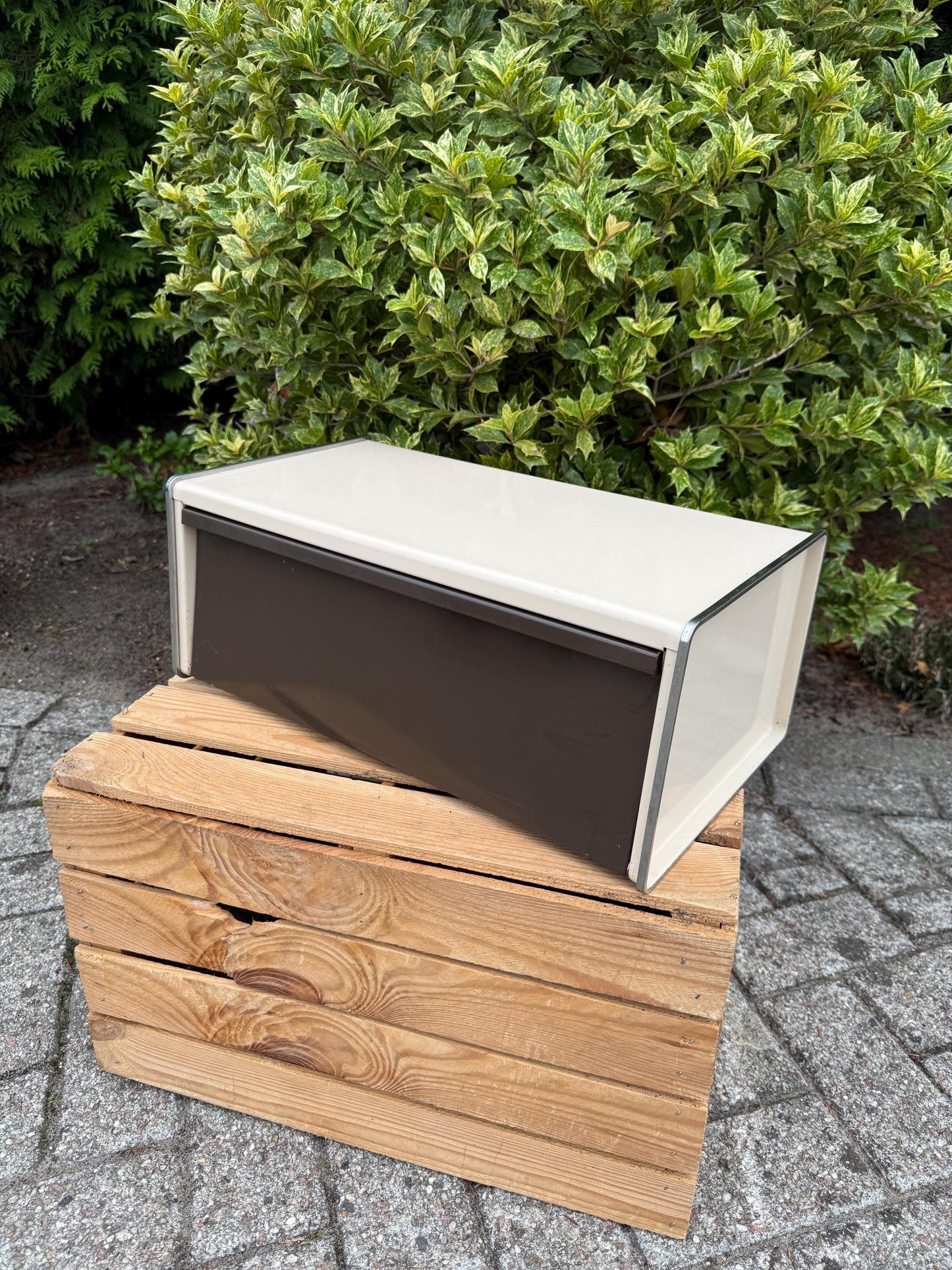 Vintage Brabantia Bread Box, Mid Century Metal Kitchen Storage, Brown And White Front Flap Breadbin, Dutch Design Food Container