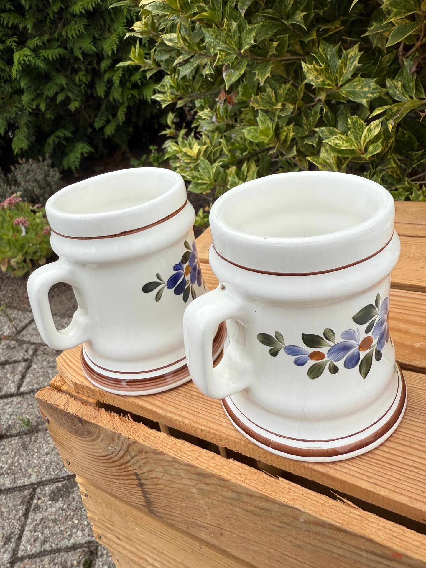 Set Of 5 Vintage German Beer Steins, Hand Painted Ceramic Tankards, Floral Pattern Mugs With Handles, Collectible Beer Mugs