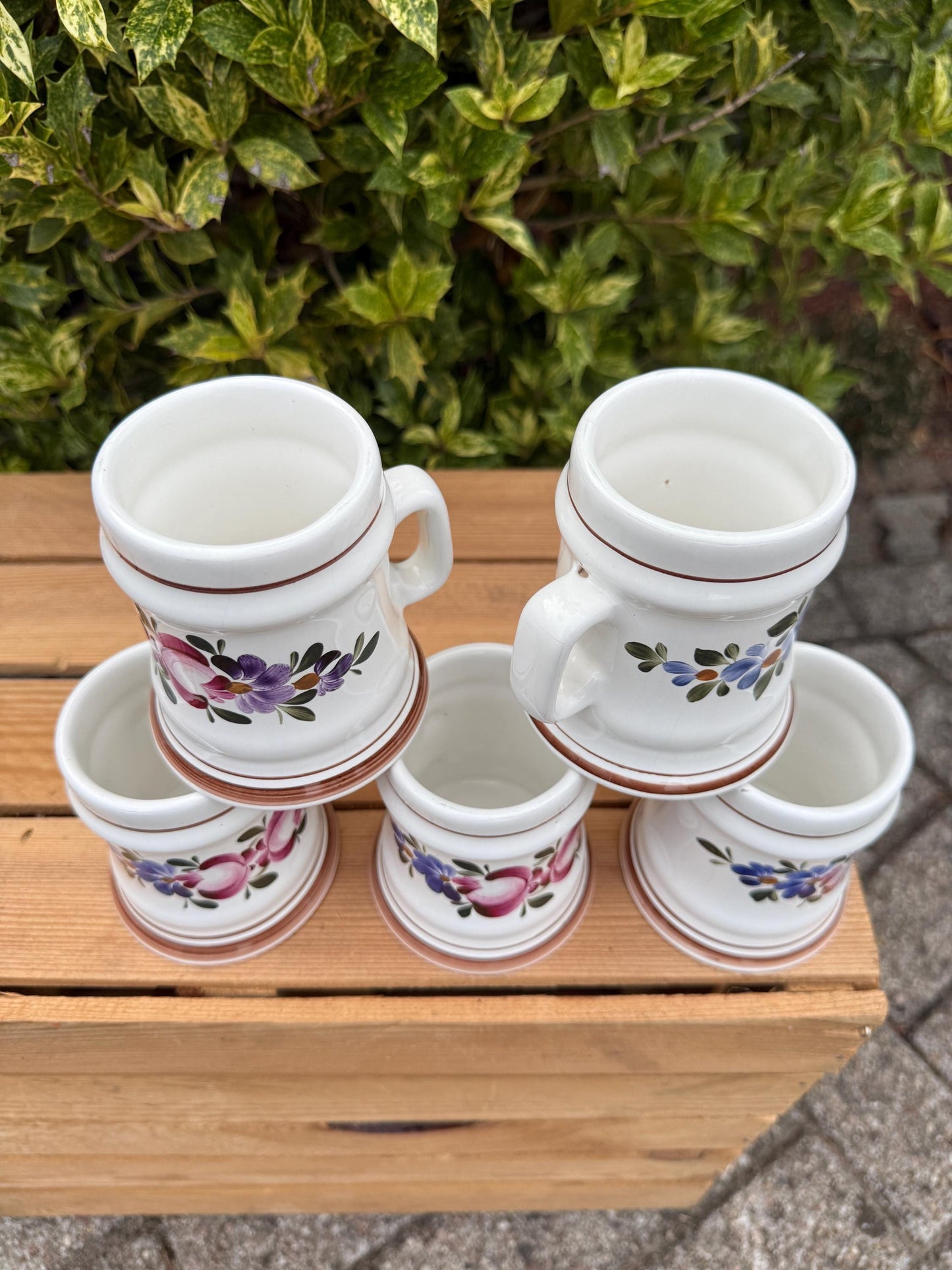 Set Of 5 Vintage German Beer Steins, Hand Painted Ceramic Tankards, Floral Pattern Mugs With Handles, Collectible Beer Mugs