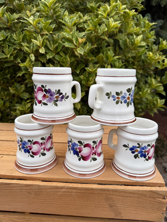 Set Of 5 Vintage German Beer Steins, Hand Painted Ceramic Tankards, Floral Pattern Mugs With Handles, Collectible Beer Mugs