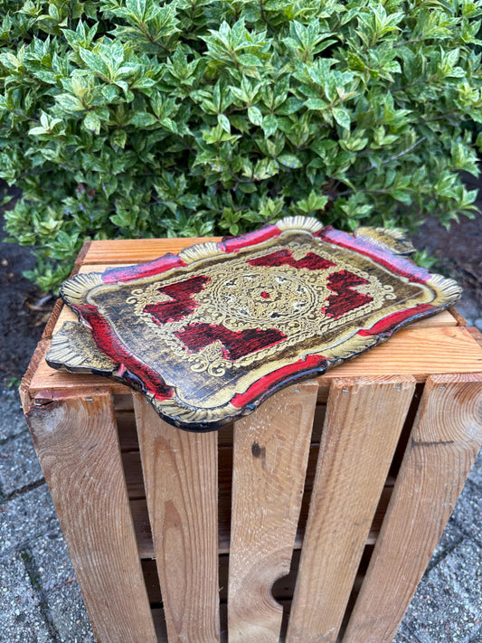 Vintage Florentine Ashtray, Italian Gilt Red Gold Tray, Hand Painted Wood Ashtray, Hollywood Regency Decor, Barware Collectible