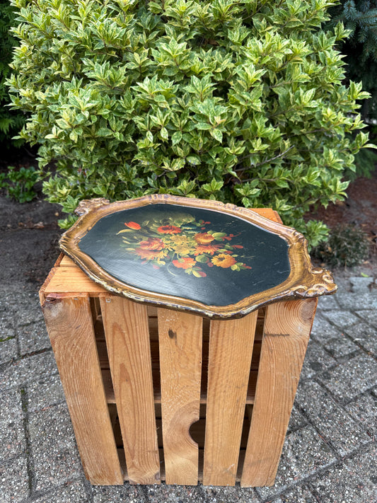 Vintage Italian Toleware Tray, Hand Painted Floral Serving Plate, Black Gold Decorative Platter, Hollywood Regency Home Decor