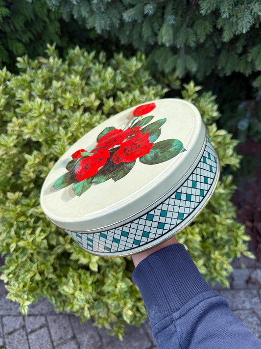 Vintage Round Metal Storage Tin, Red Rose Floral Print, Decorative Retro Container, Collectible Kitchen Canister, 20th Century Storage Box