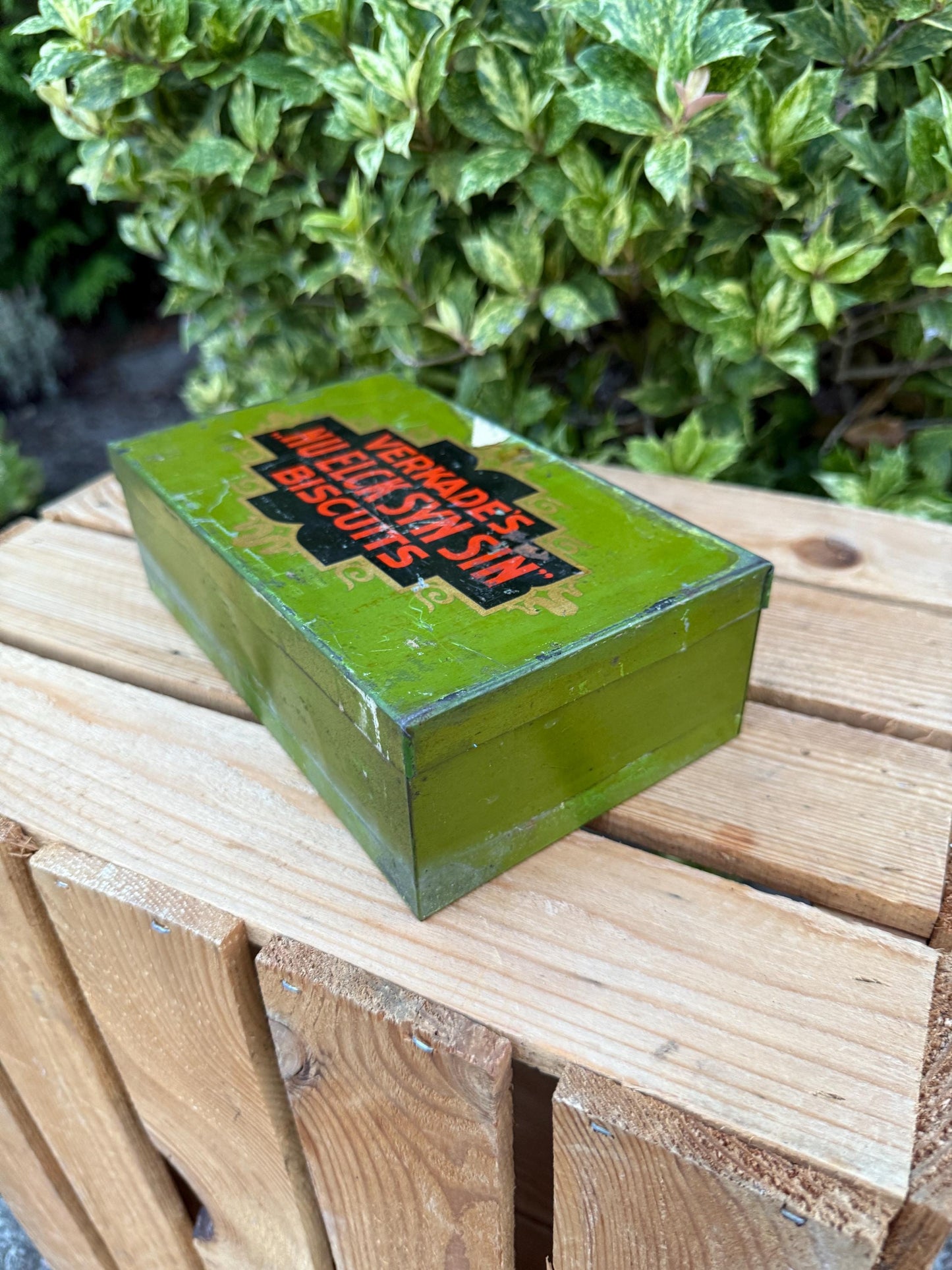 Vintage Verkade Tin, Art Deco Style Metal Storage Box, Nu Elck Syn Sin Collectible Dutch Advertising Tin, Antique Biscuit Cookie Canister