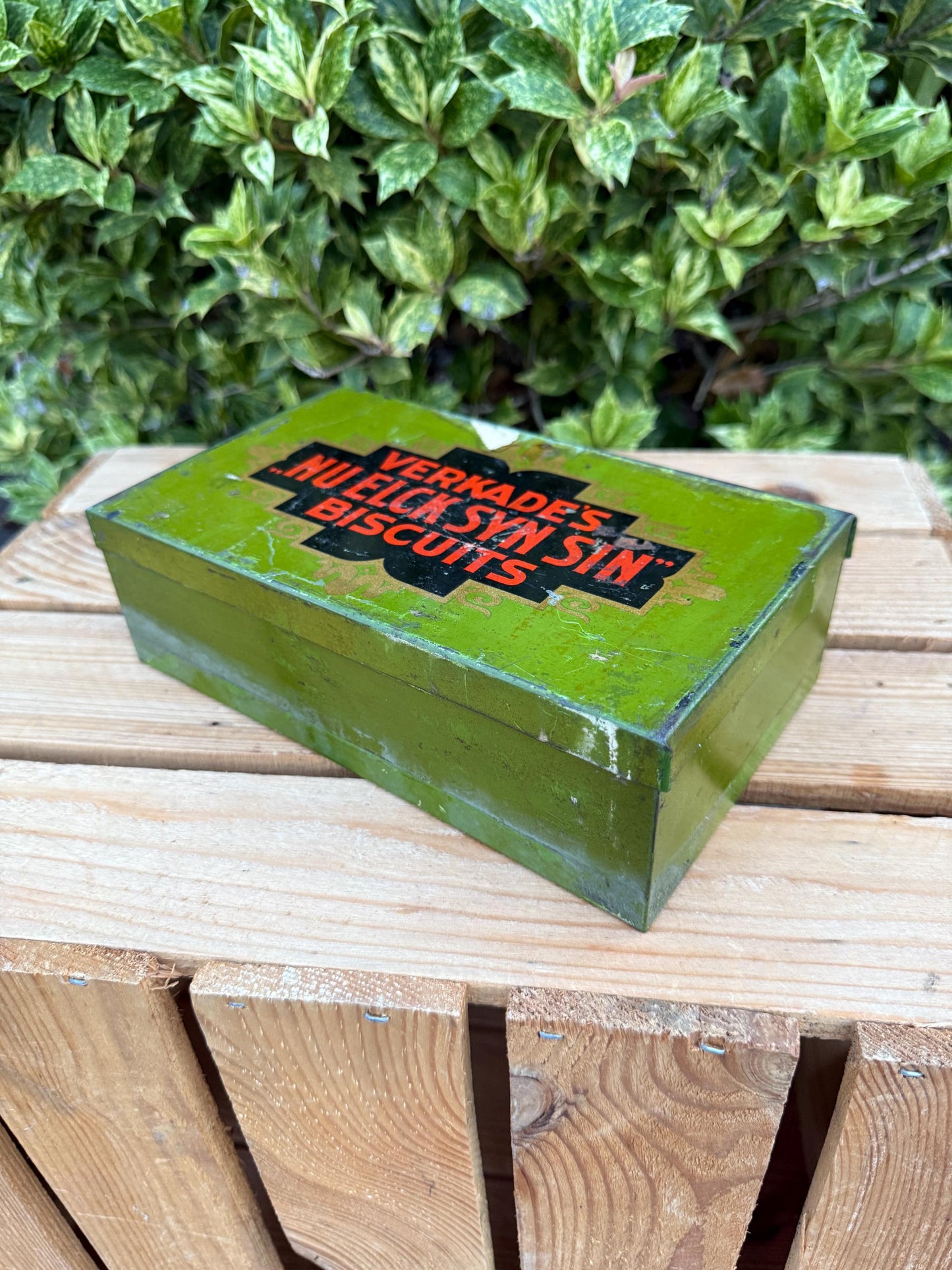 Vintage Verkade Tin, Art Deco Style Metal Storage Box, Nu Elck Syn Sin Collectible Dutch Advertising Tin, Antique Biscuit Cookie Canister