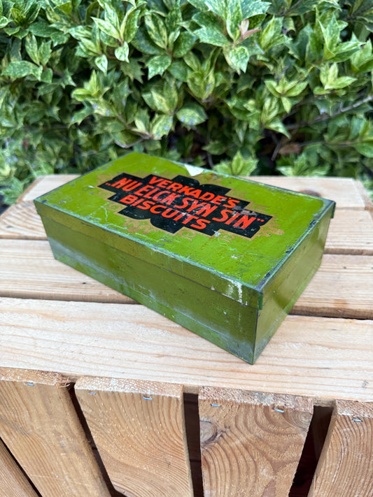 Vintage Verkade Tin, Art Deco Style Metal Storage Box, Nu Elck Syn Sin Collectible Dutch Advertising Tin, Antique Biscuit Cookie Canister