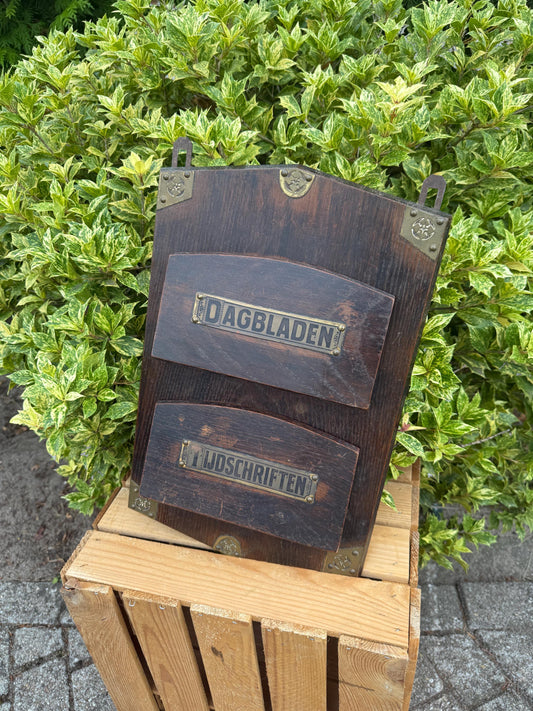 Vintage Dutch Wall-Mount Dagbladen & Tijdschriften Rack with Brass Accents, Wooden Newspaper and Magazine Holder