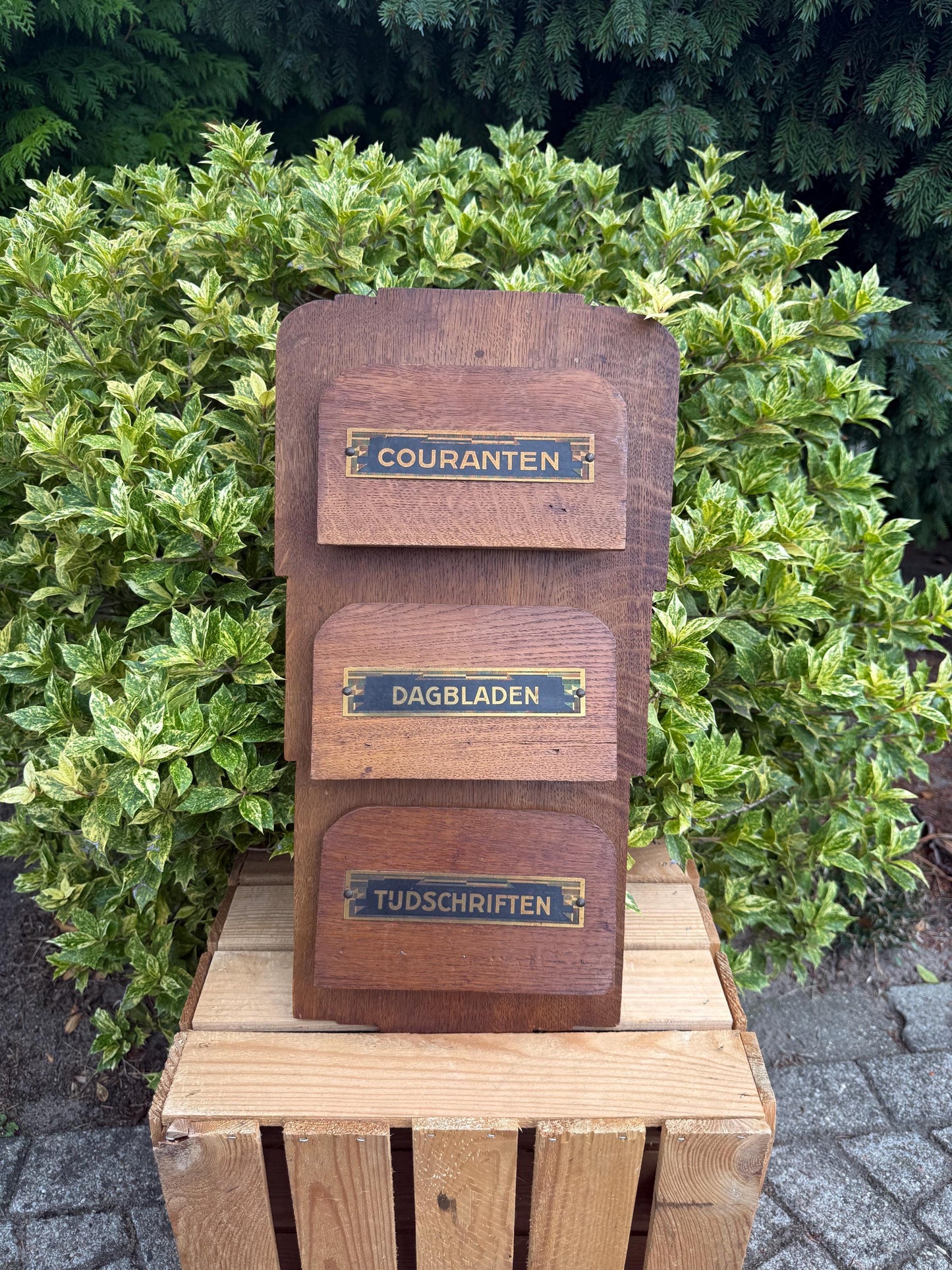 Vintage Wooden Wall Magazine Rack, Triple Compartment Lecture Holder, Amsterdamse School Style Newspaper Organizer, Dutch Design 1920s