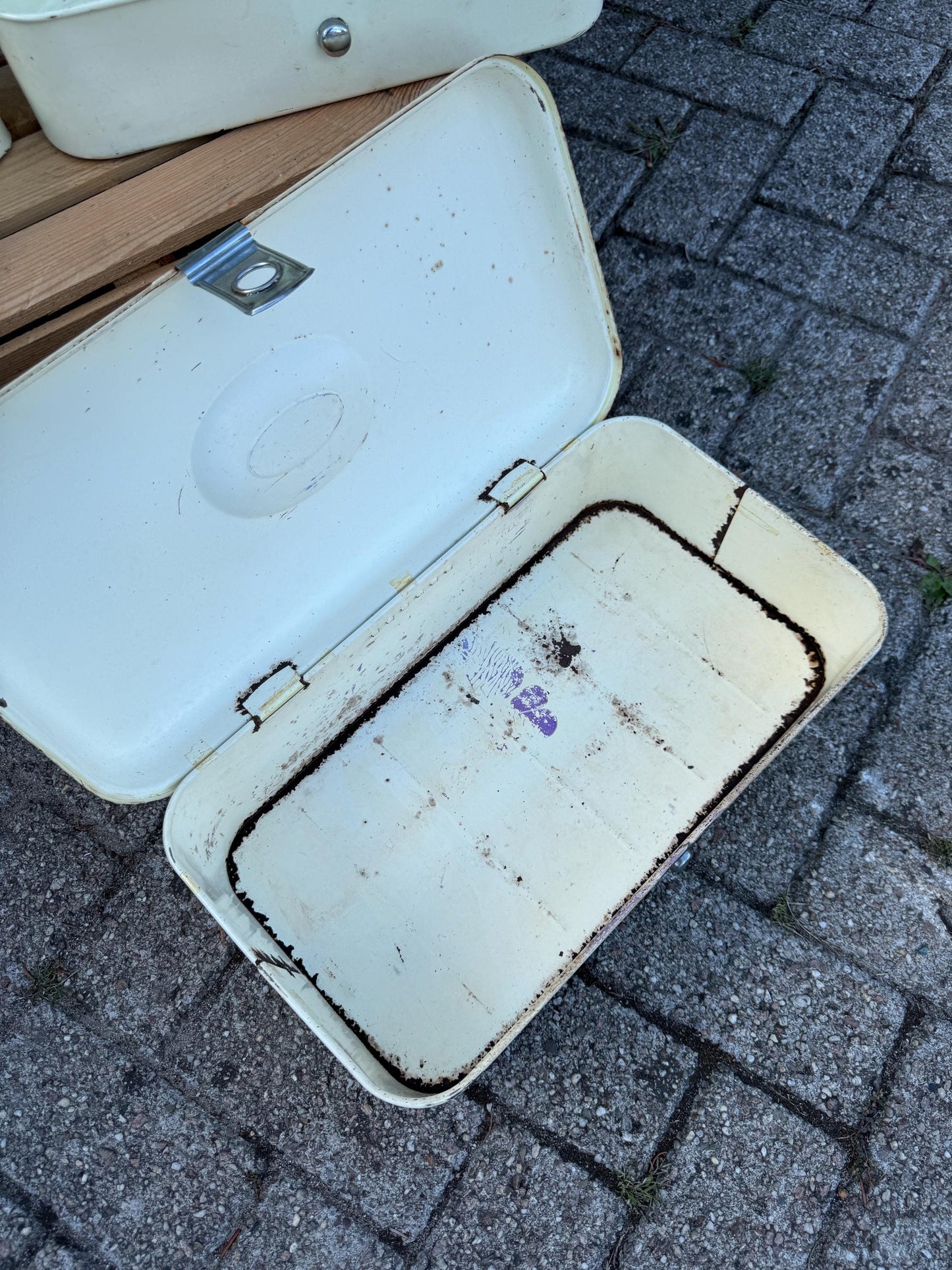 Vintage Brabantia Bread Box, White Metal Kitchen Storage With Lid And Handle, Industrial Worn Bread Bin Canister, Mid Century Container