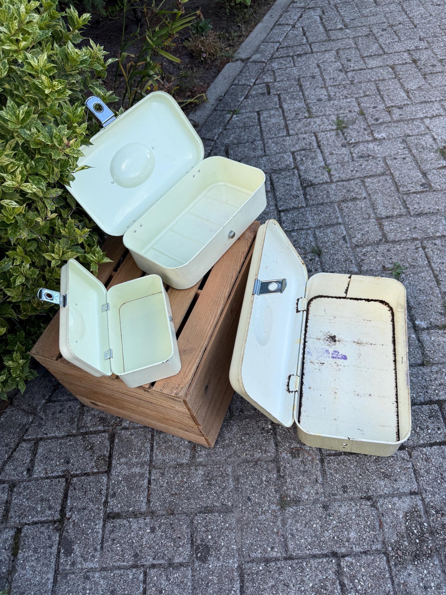 Vintage Brabantia Bread Box, White Metal Kitchen Storage With Lid And Handle, Industrial Worn Bread Bin Canister, Mid Century Container