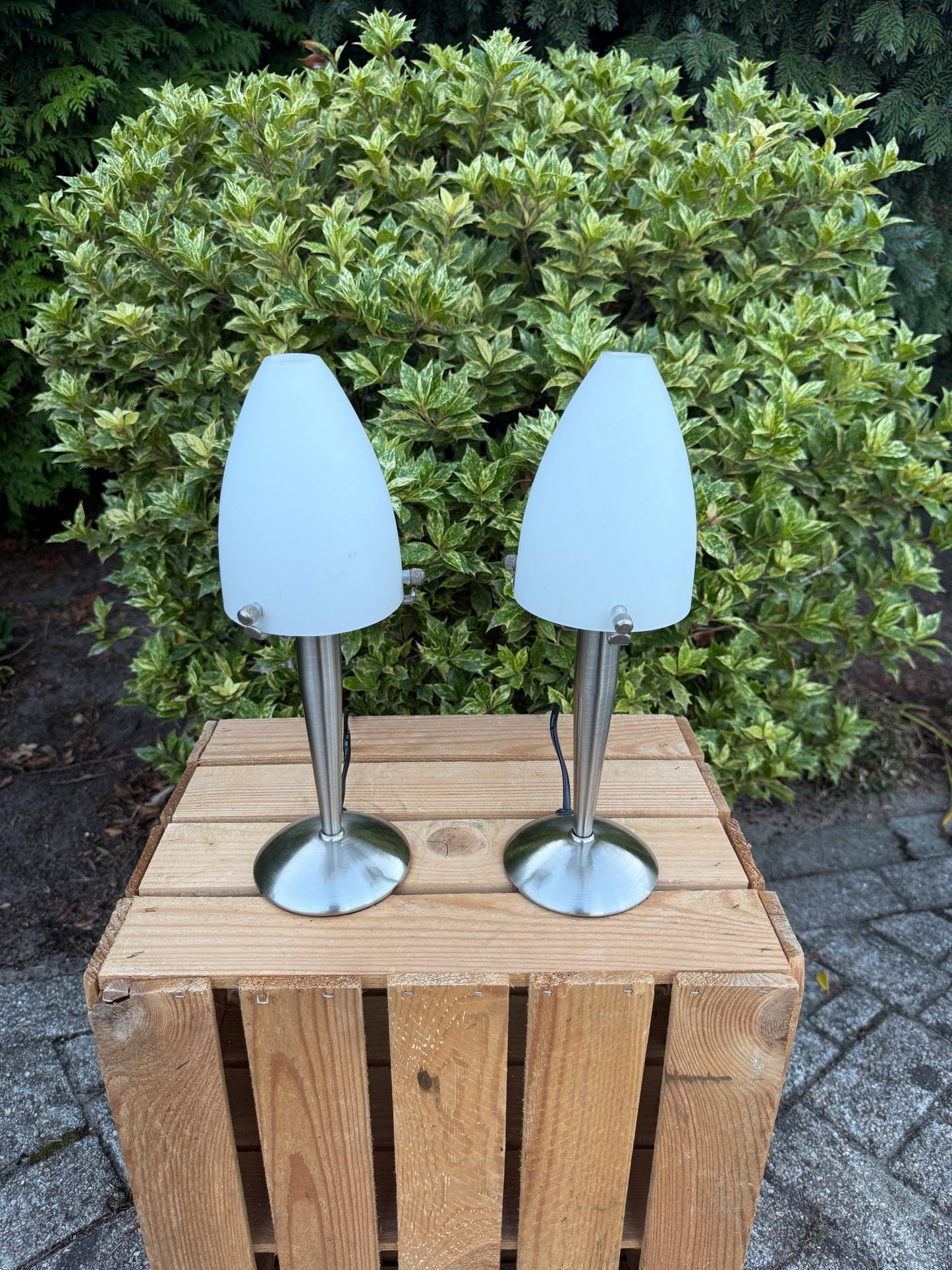 Set Of 2 Vintage Table Lamps, Space Age Design, White Glass And Chrome Lights, 1990s Minimalist Nightstand Lamps, Mid Century Modern Style