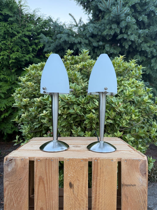 Set Of 2 Vintage Table Lamps, Space Age Design, White Glass And Chrome Lights, 1990s Minimalist Nightstand Lamps, Mid Century Modern Style