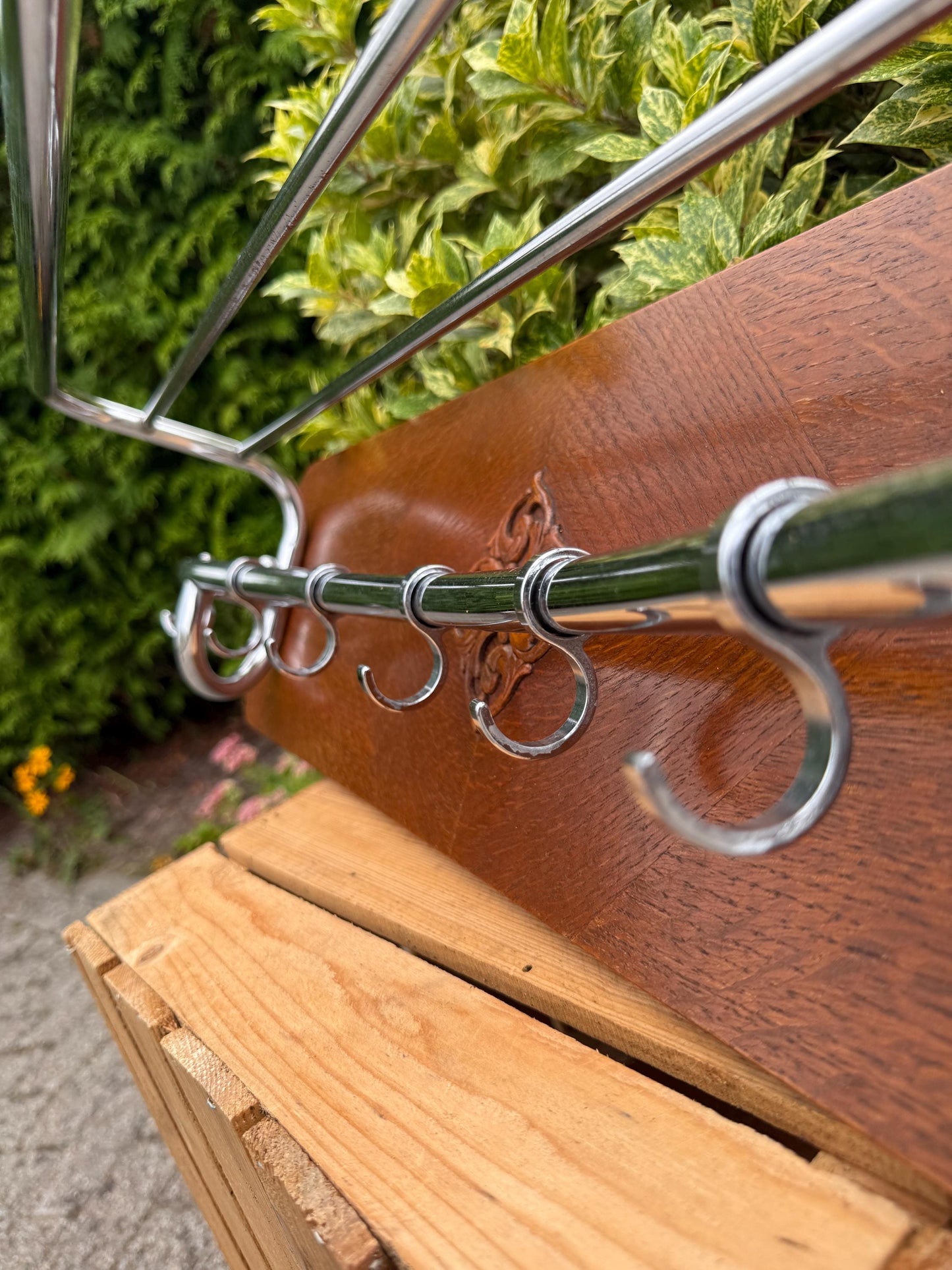 Vintage Wooden Wall Coat Rack with 7 Metal Hooks, Mid Century Hallway Organizer, Rustic Entryway Hanger, Retro Farmhouse Wall Storage