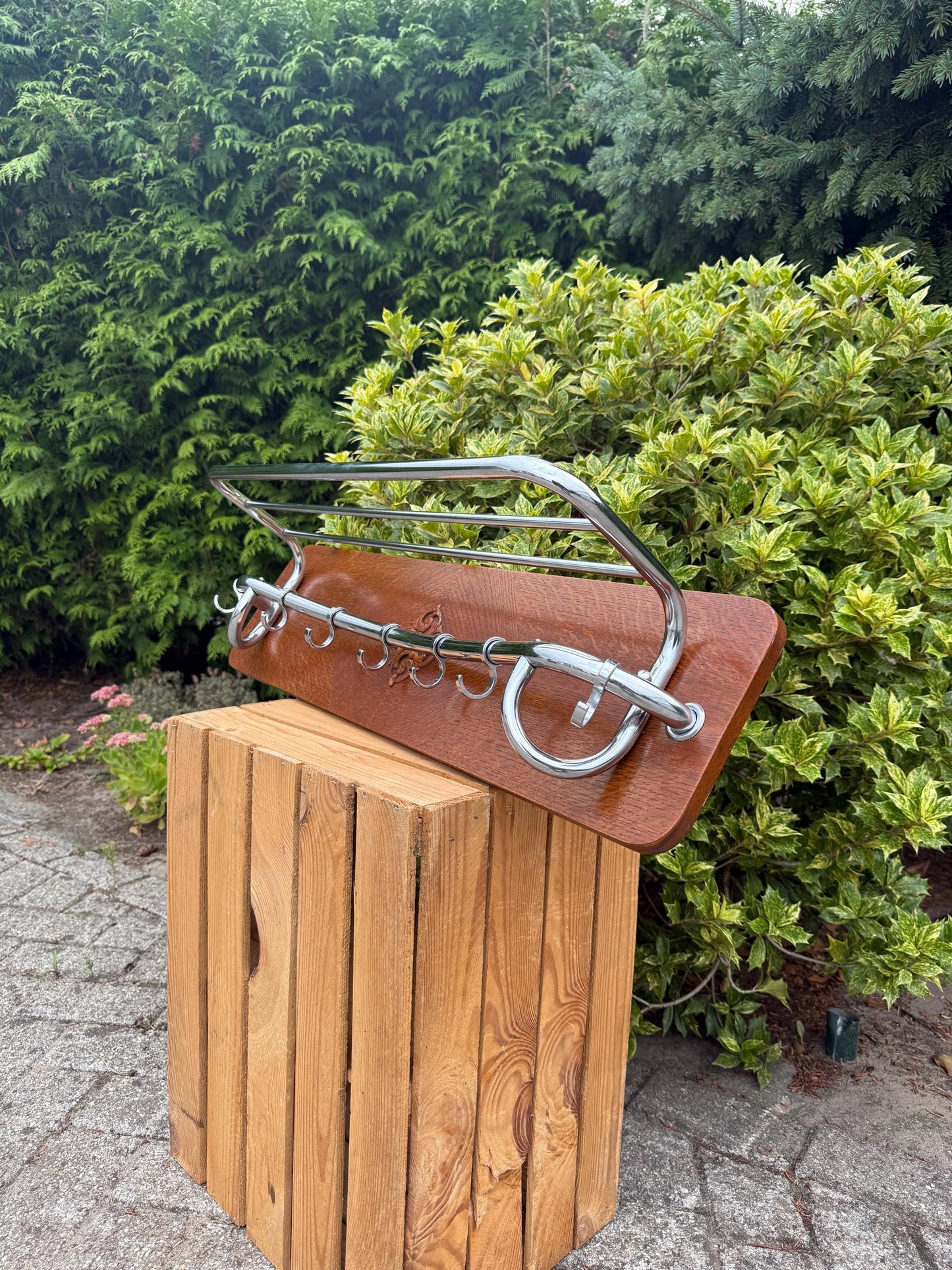 Vintage Wooden Wall Coat Rack with 7 Metal Hooks, Mid Century Hallway Organizer, Rustic Entryway Hanger, Retro Farmhouse Wall Storage