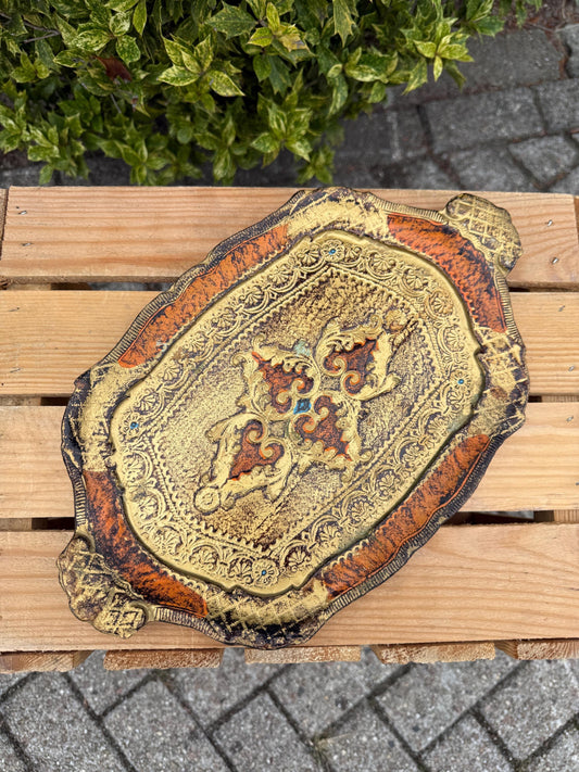 Vintage Italian Florentine Serving Tray, Gold Gilt Wood Tray, Ornate Baroque Toleware, Hand Painted Decorative Tray, Antique Style Décor