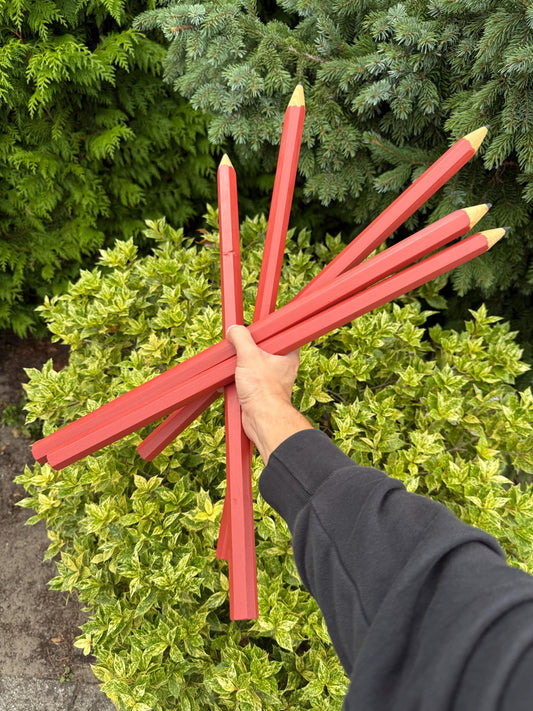 Vintage Wooden XXL Pencil Set of 5, Oversized Red Pencils Decoration, Postmodern Pop Art Style, Retro Classroom Display, Playful Home Decor
