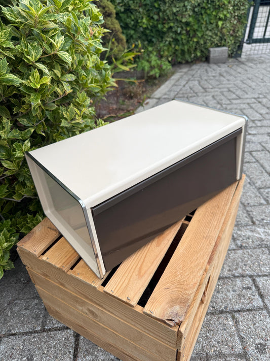 Vintage Brabantia Bread Box, Mid Century Metal Kitchen Storage, Brown And White Front Flap Breadbin, Dutch Design Food Container