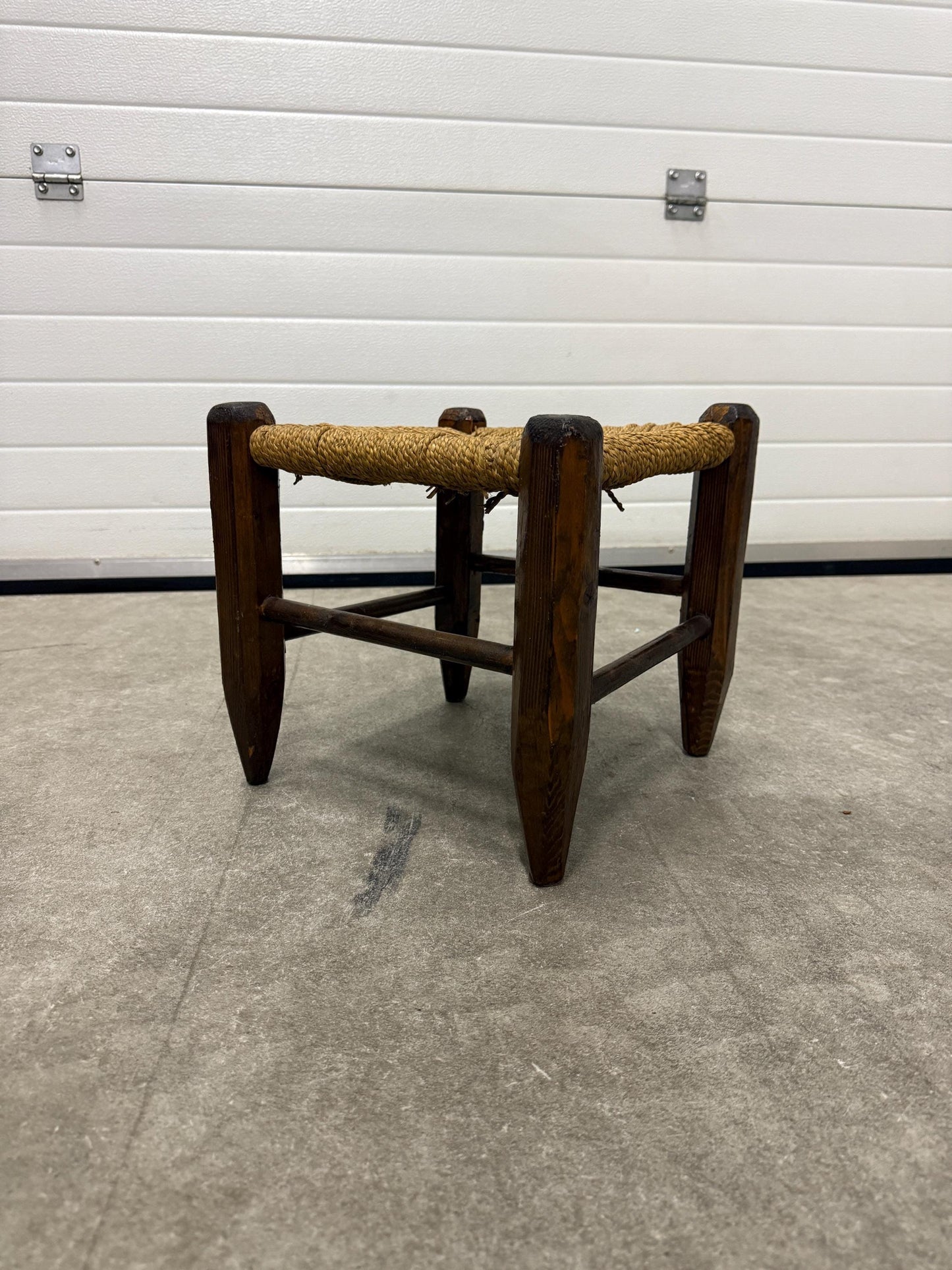 Vintage wooden stool, woven rush seat, rustic farmhouse stool, square footstool, small side stool, primitive wooden furniture