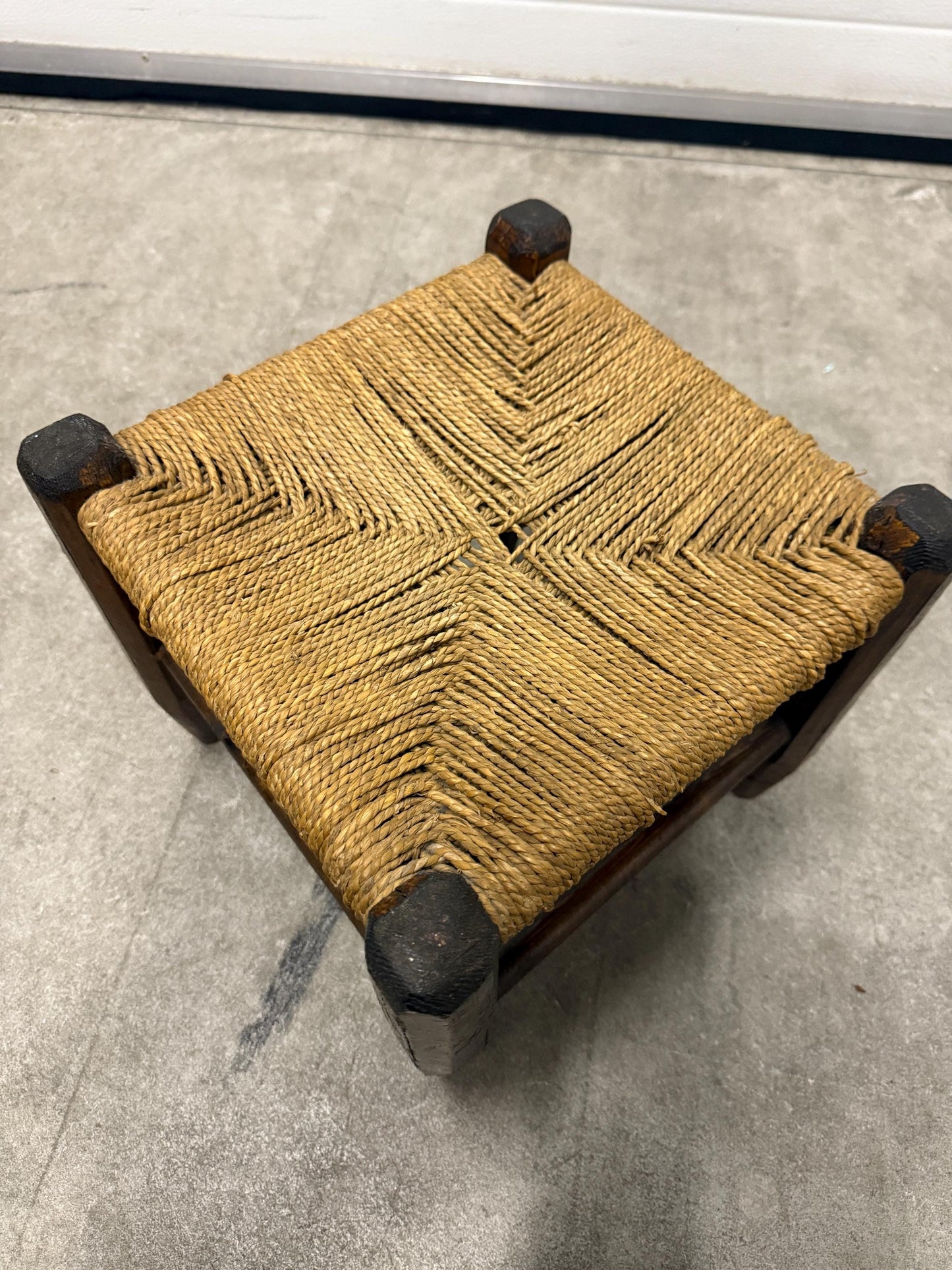 Vintage wooden stool, woven rush seat, rustic farmhouse stool, square footstool, small side stool, primitive wooden furniture