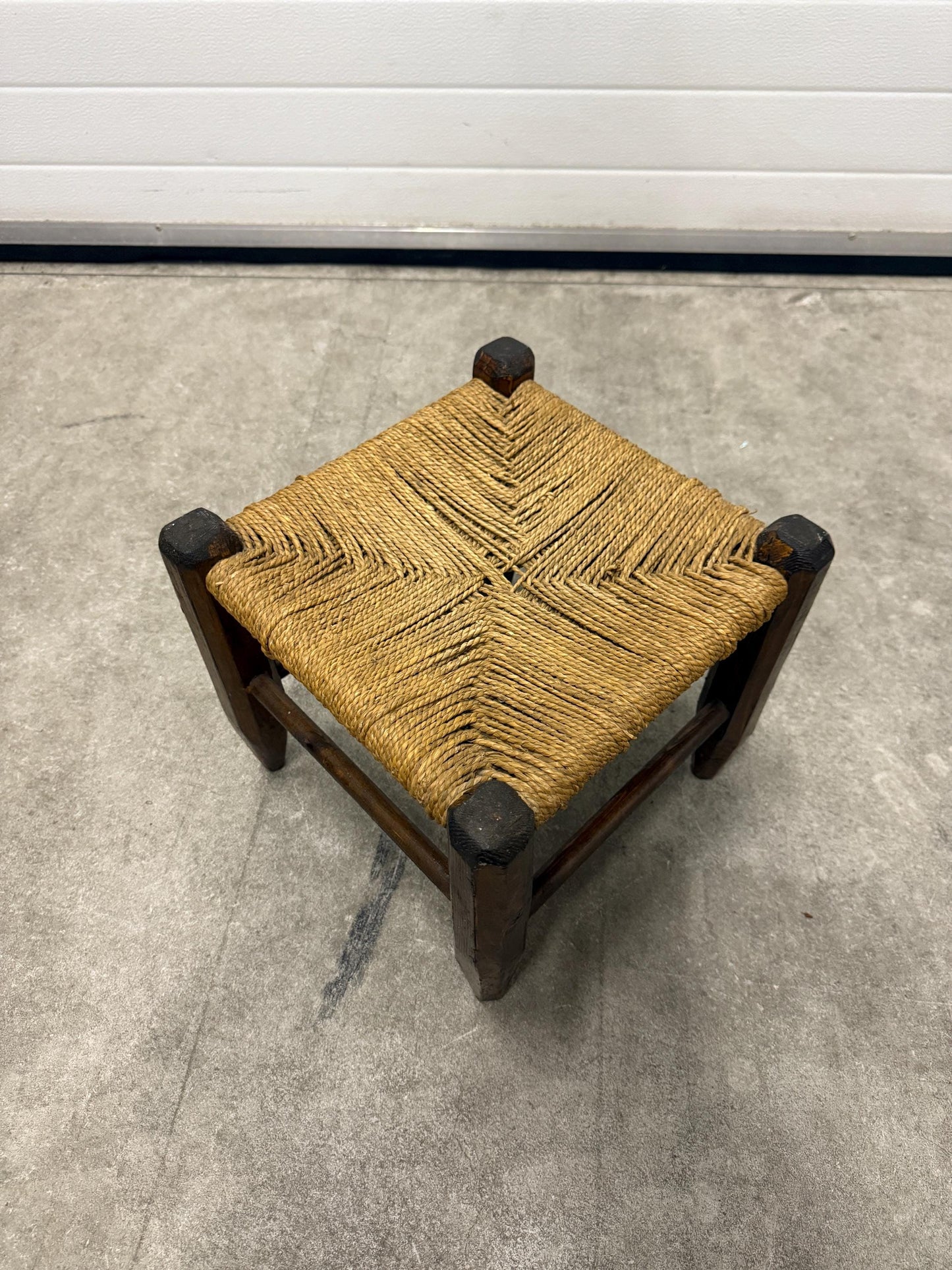 Vintage wooden stool, woven rush seat, rustic farmhouse stool, square footstool, small side stool, primitive wooden furniture