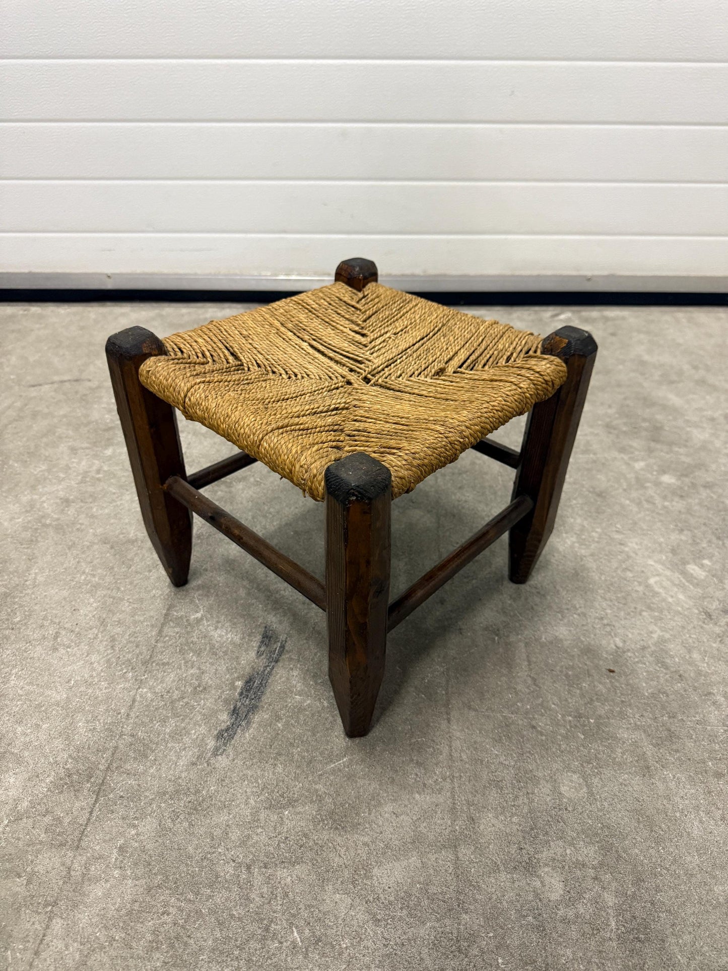 Vintage wooden stool, woven rush seat, rustic farmhouse stool, square footstool, small side stool, primitive wooden furniture