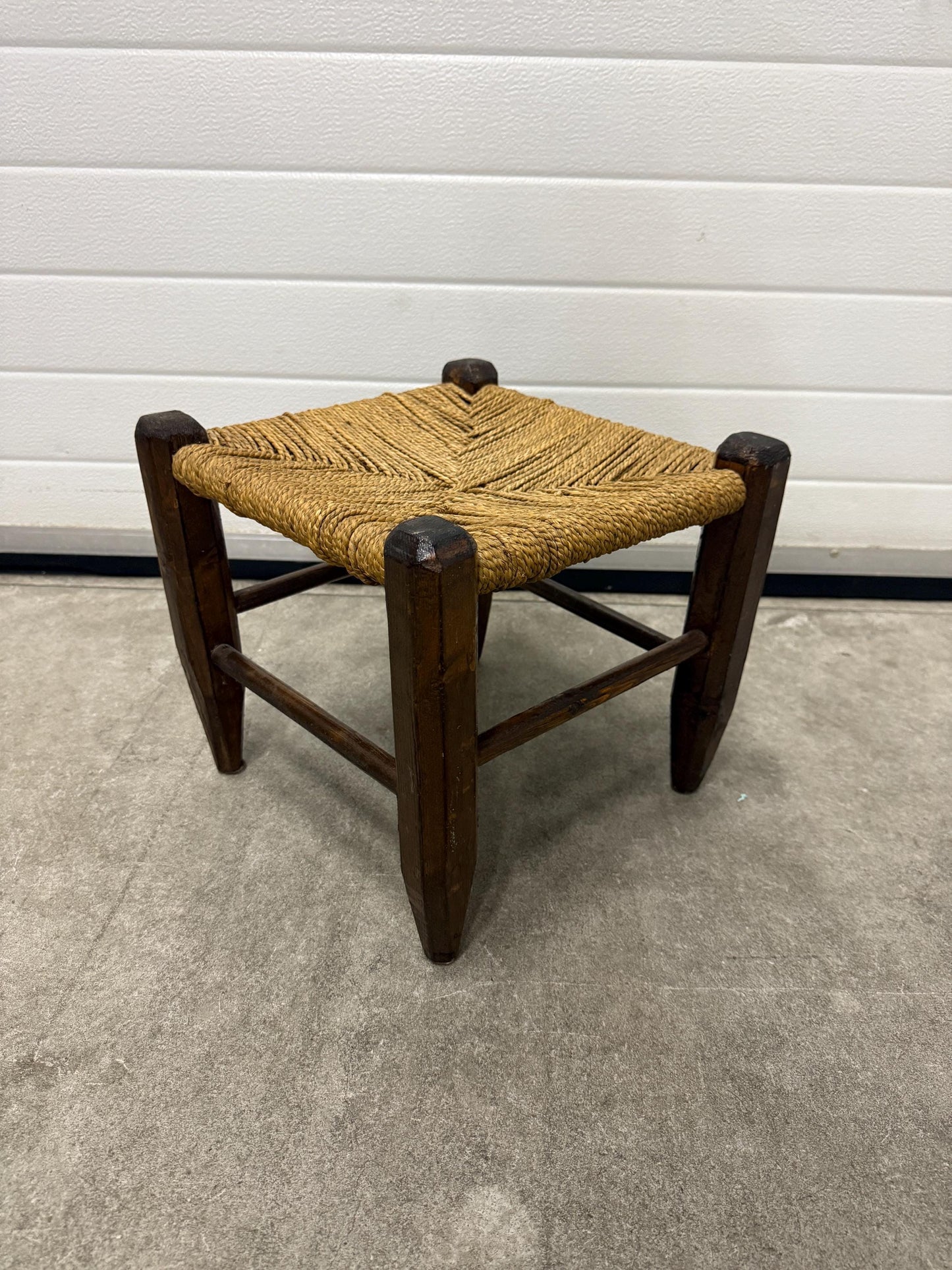 Vintage wooden stool, woven rush seat, rustic farmhouse stool, square footstool, small side stool, primitive wooden furniture