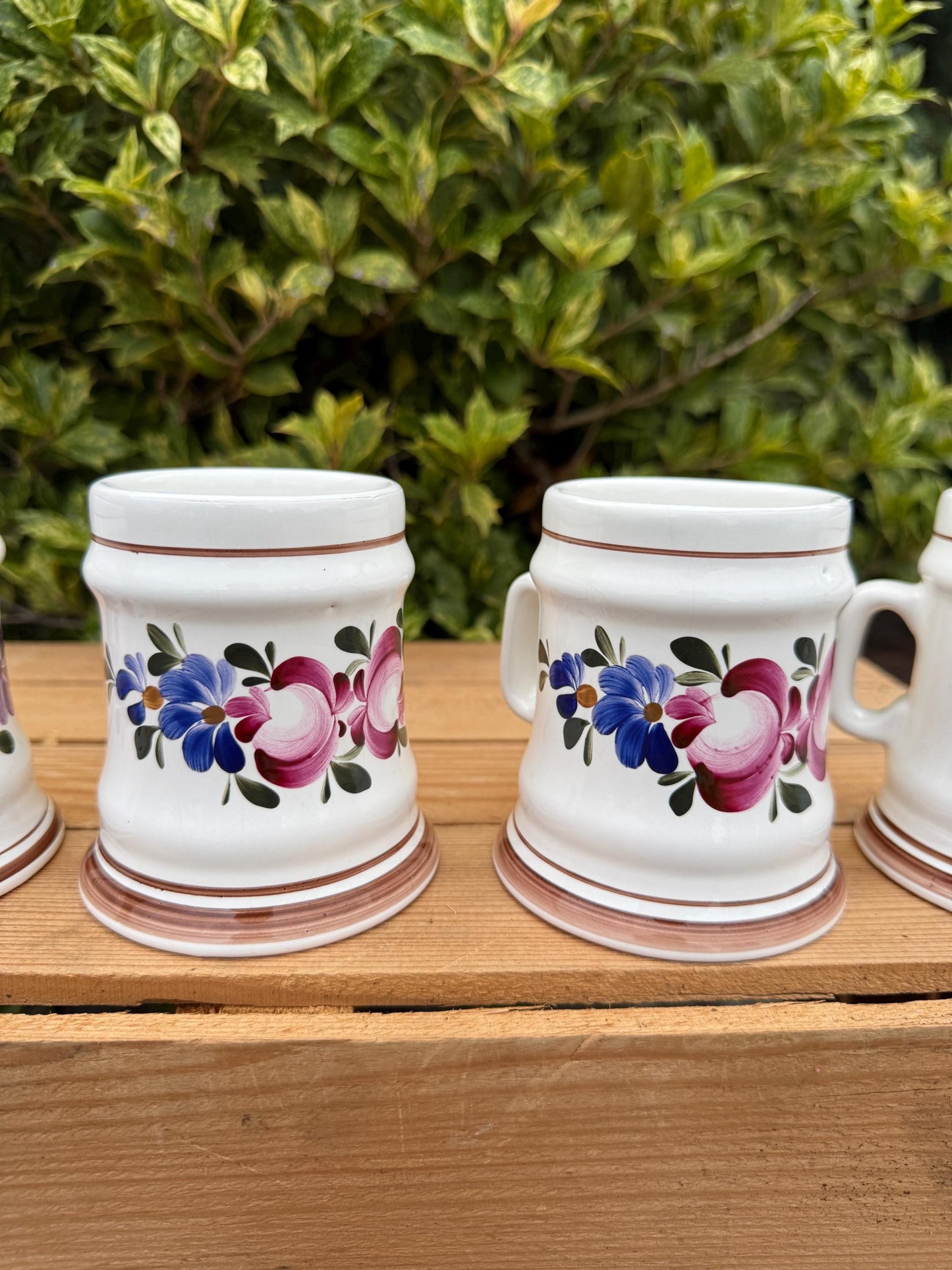 Set Of 5 Vintage German Beer Steins, Hand Painted Ceramic Tankards, Floral Pattern Mugs With Handles, Collectible Beer Mugs