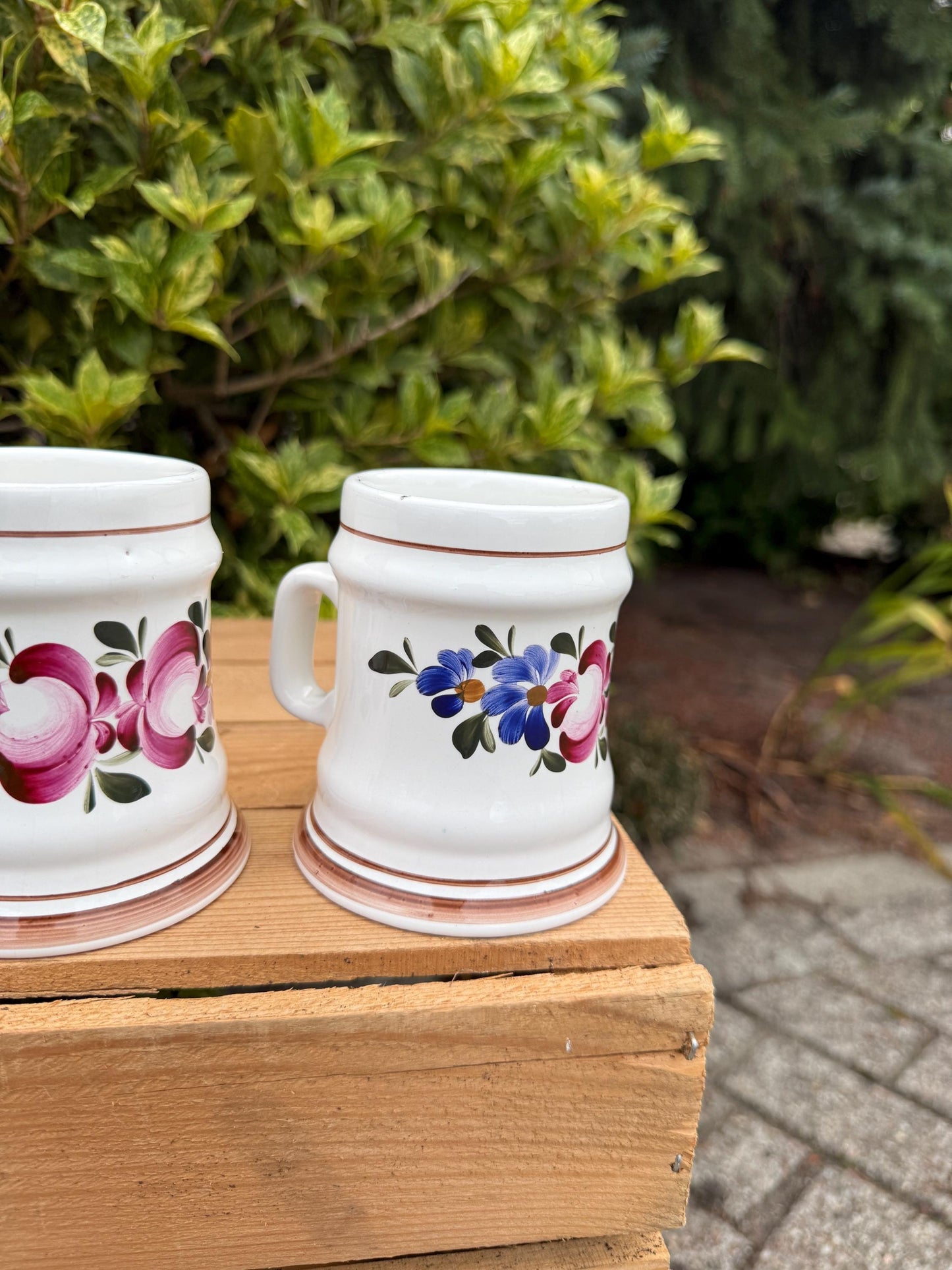 Set Of 5 Vintage German Beer Steins, Hand Painted Ceramic Tankards, Floral Pattern Mugs With Handles, Collectible Beer Mugs